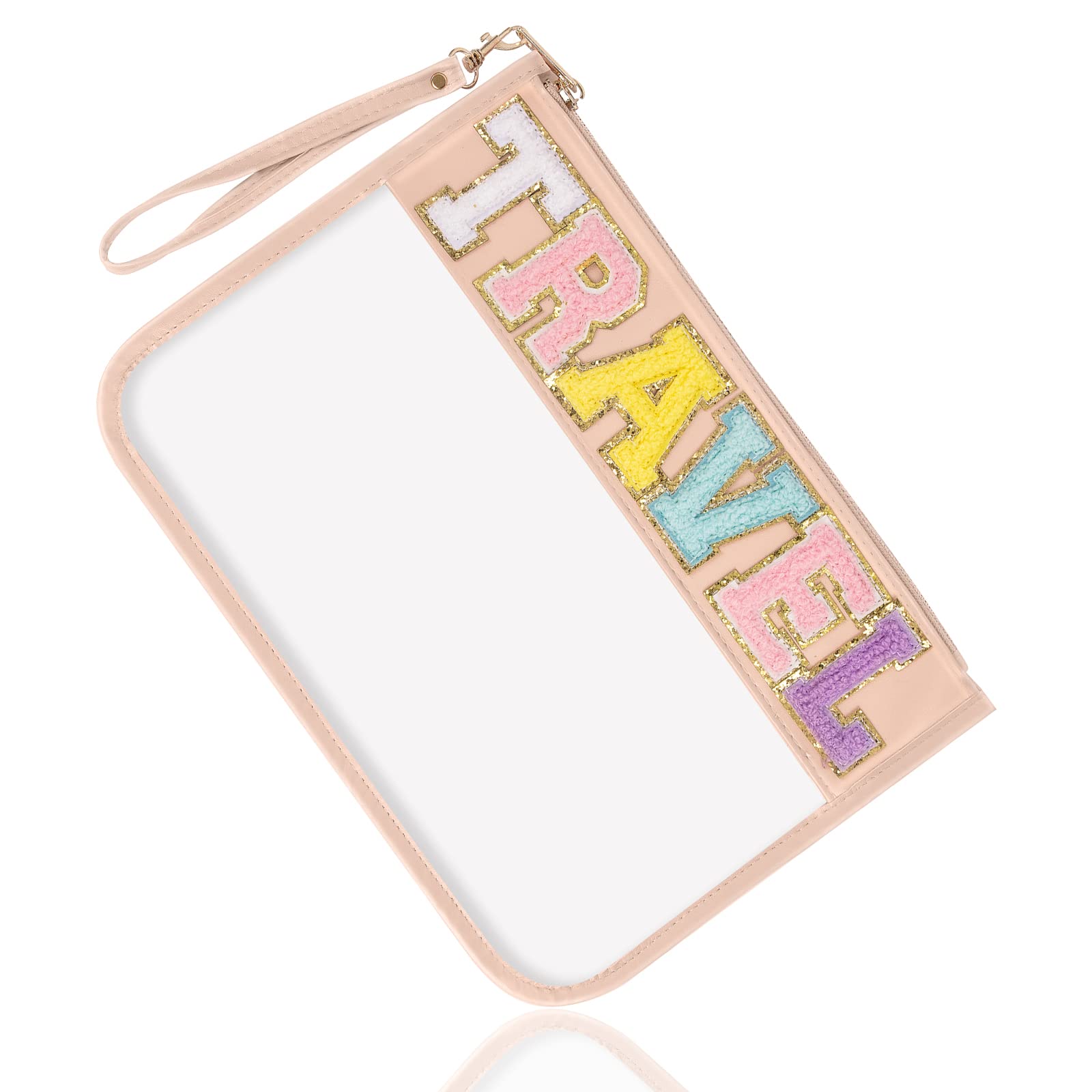 Monogrammed Chenille Letter Clear PVC & PU Travel Purse - Waterproof Glitter Zipper Pouch with Wristlet for Women & Girls | Perfect for Beach, Makeup, Snacks & Toiletries (TRAVEL-Pink)