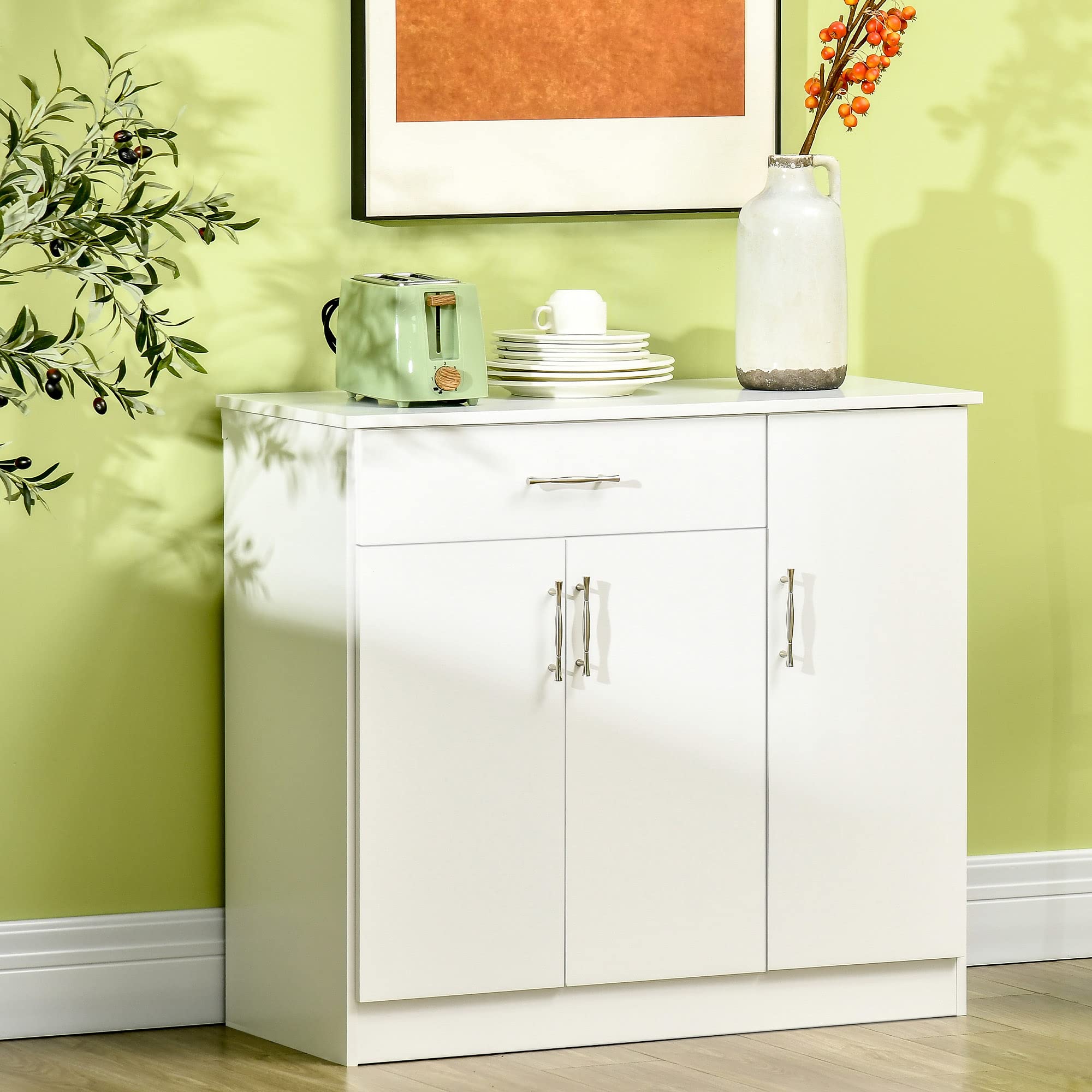 HOMCOM White Sideboard Buffet Cabinet with Drawers & Adjustable Shelves - Coffee Bar Cabinet for Kitchen, Living Room & Entryway - Perfect for Storage, Serving & Home Decor