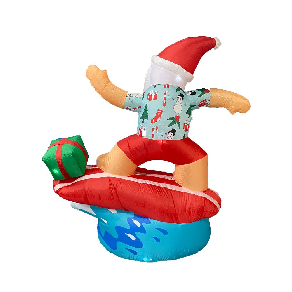 Inflatable 6ft LED Surfing Santa Christmas Decoration for Beach, Yard, and Holiday Party Decor - Waterproof Outdoor Xmas Decor with Bright Lights
