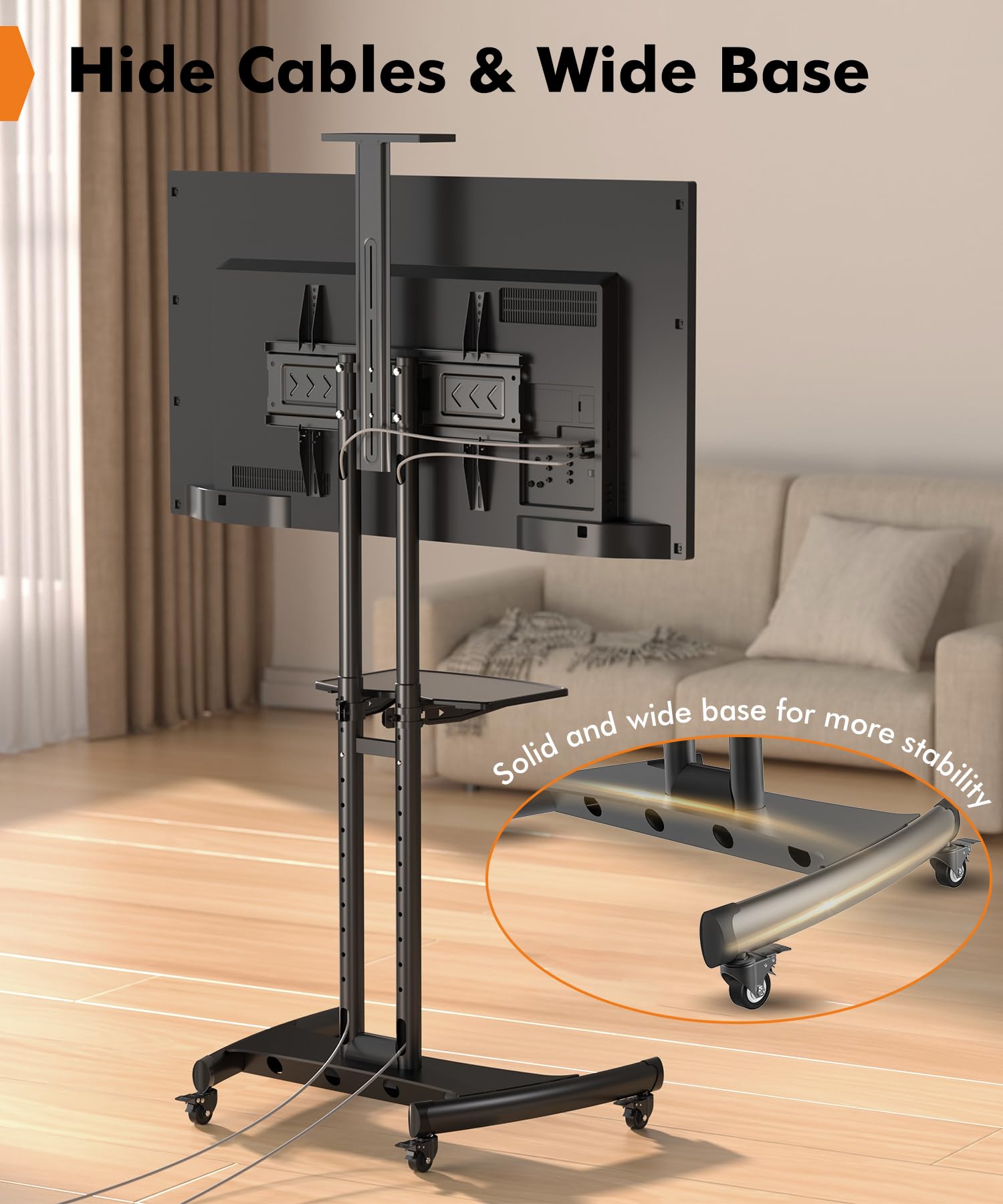 Adjustable Mobile TV Stand Cart for 32-75 Inch Flat/Curved TVs - Portable Rolling TV Trolley with Wheels, Height Adjustable Shelf & Max VESA 600x400mm (100lbs Capacity) - Perfect for Living Rooms, Bedrooms, Classrooms & Office Spaces