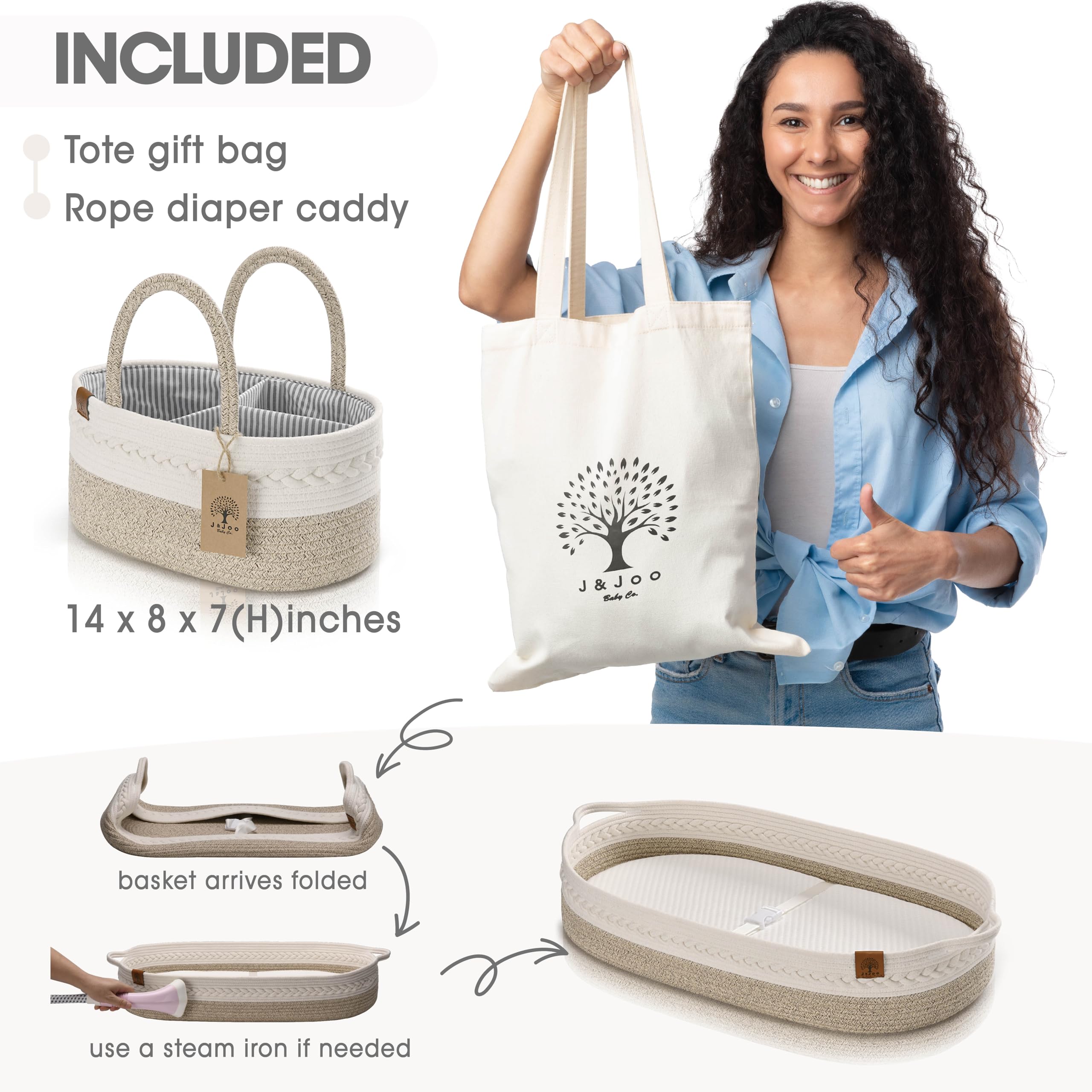 J&JOO Baby Changing Basket - Portable Diaper Caddy Organizer with Soft Cotton Rope & Changing Pad | Nursery Dresser Topper, Baby Shower Gift | Perfect for Home Nursery, Travel & On-the-Go Diaper Changes