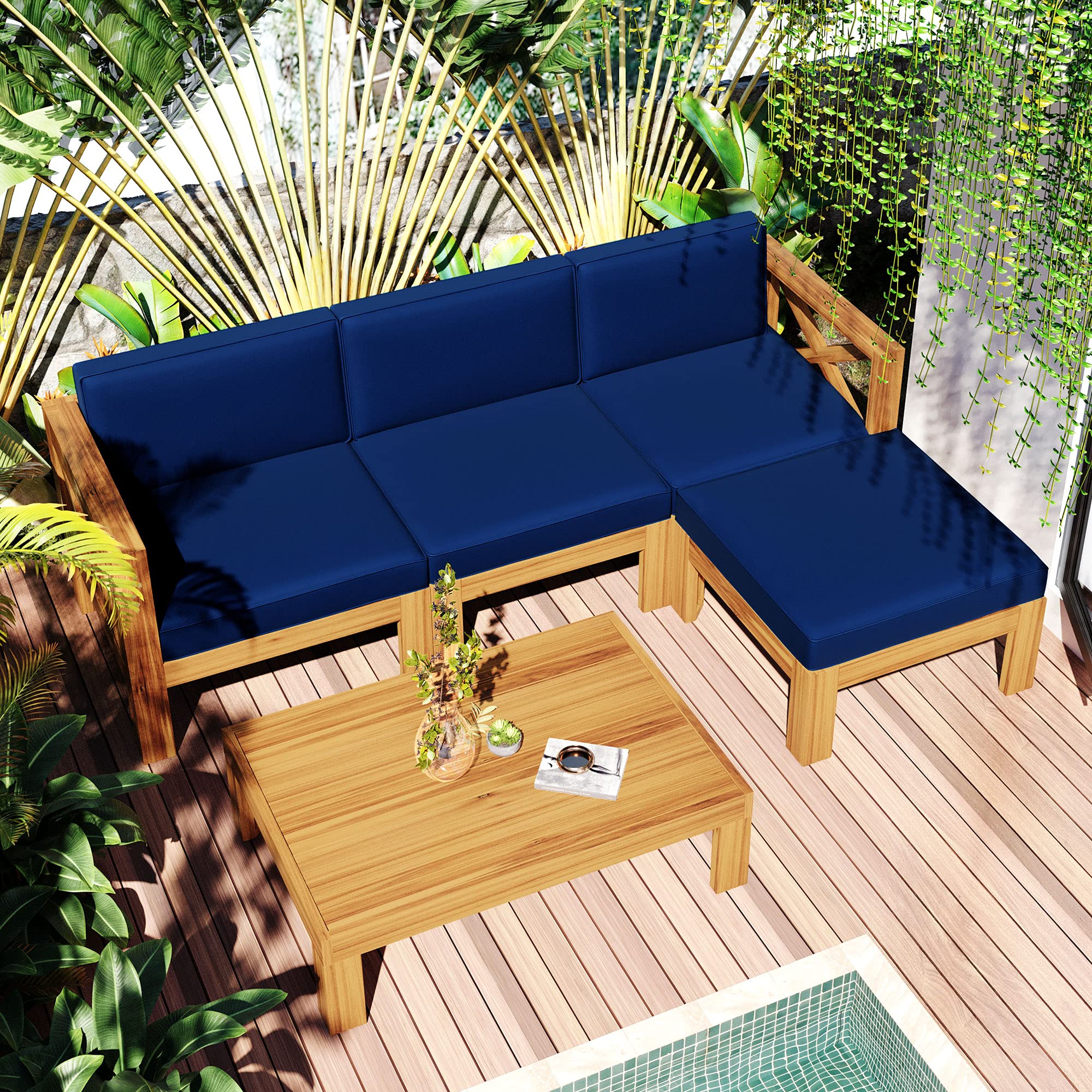 Premium 5-Piece Acacia Wood Outdoor Patio Furniture Set with Cushions - All-Weather Corner Sofa & Coffee Table Conversation Set, Natural Finish + Blue Cushions for Backyard, Garden, Poolside or Terrace Relaxation