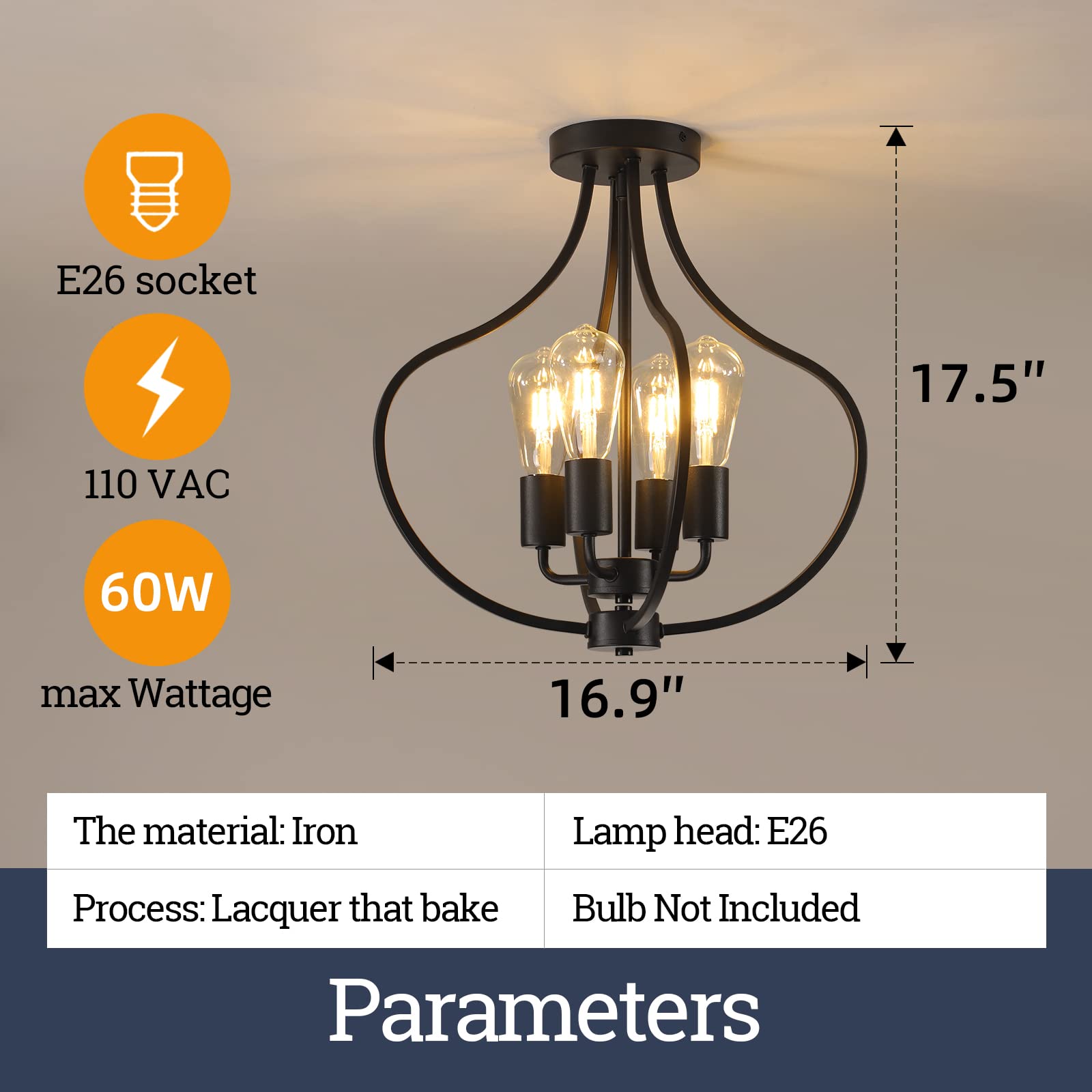 4-Light Modern Semi Flush Mount Ceiling Fixture - Farmhouse Black Chandelier with Industrial Style - Perfect for Kitchen Island, Dining Room, Bedroom, Living Room, Foyer, Entryway & Hallway Lighting - Ideal for Home, Office, Restaurant and Commercial Spaces