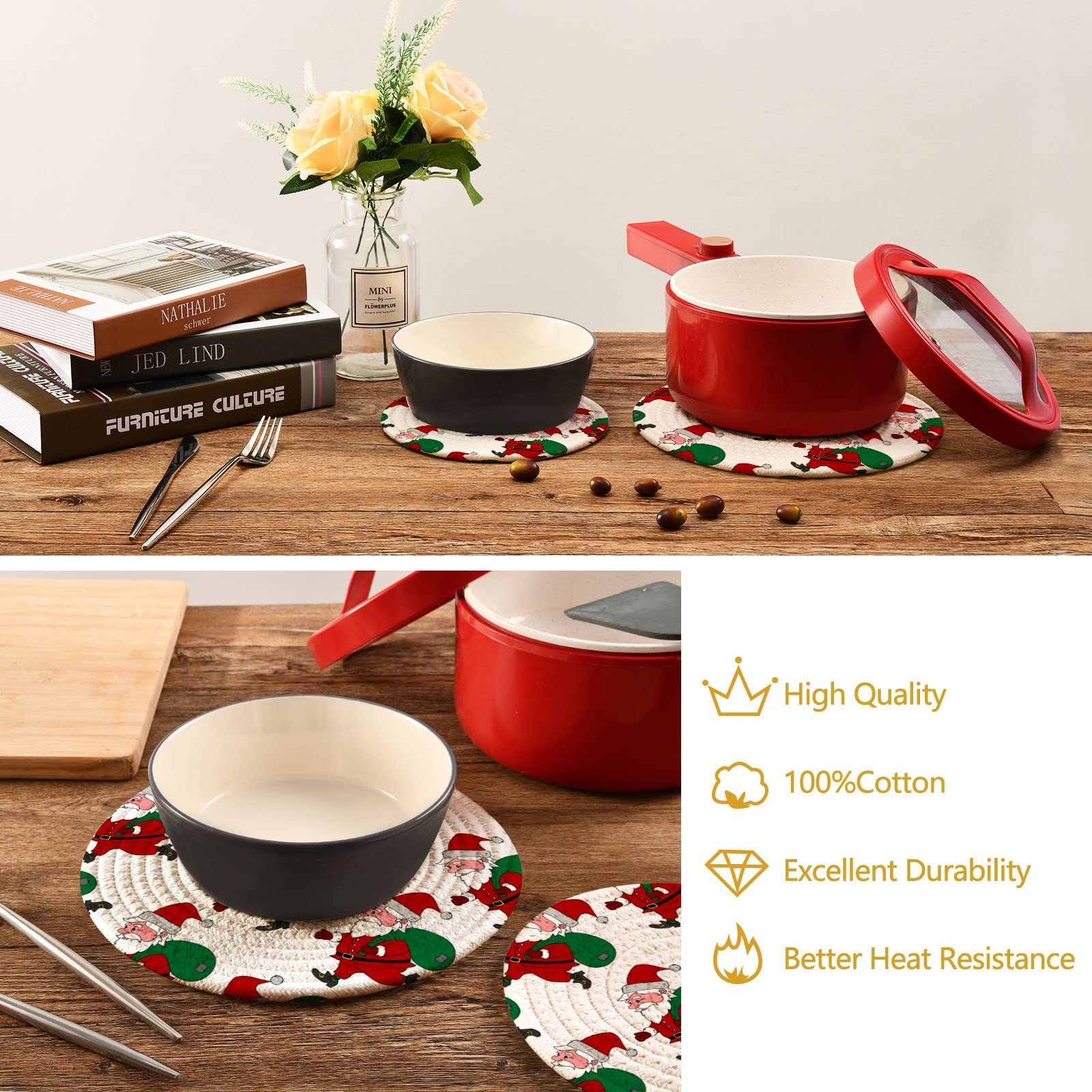 Christmas Santa Claus Pot Holders Set of 2 - Heat Resistant Round Cotton Kitchen Hot Pads for Cooking & Baking - Perfect Holiday Home Decor & Gift Idea