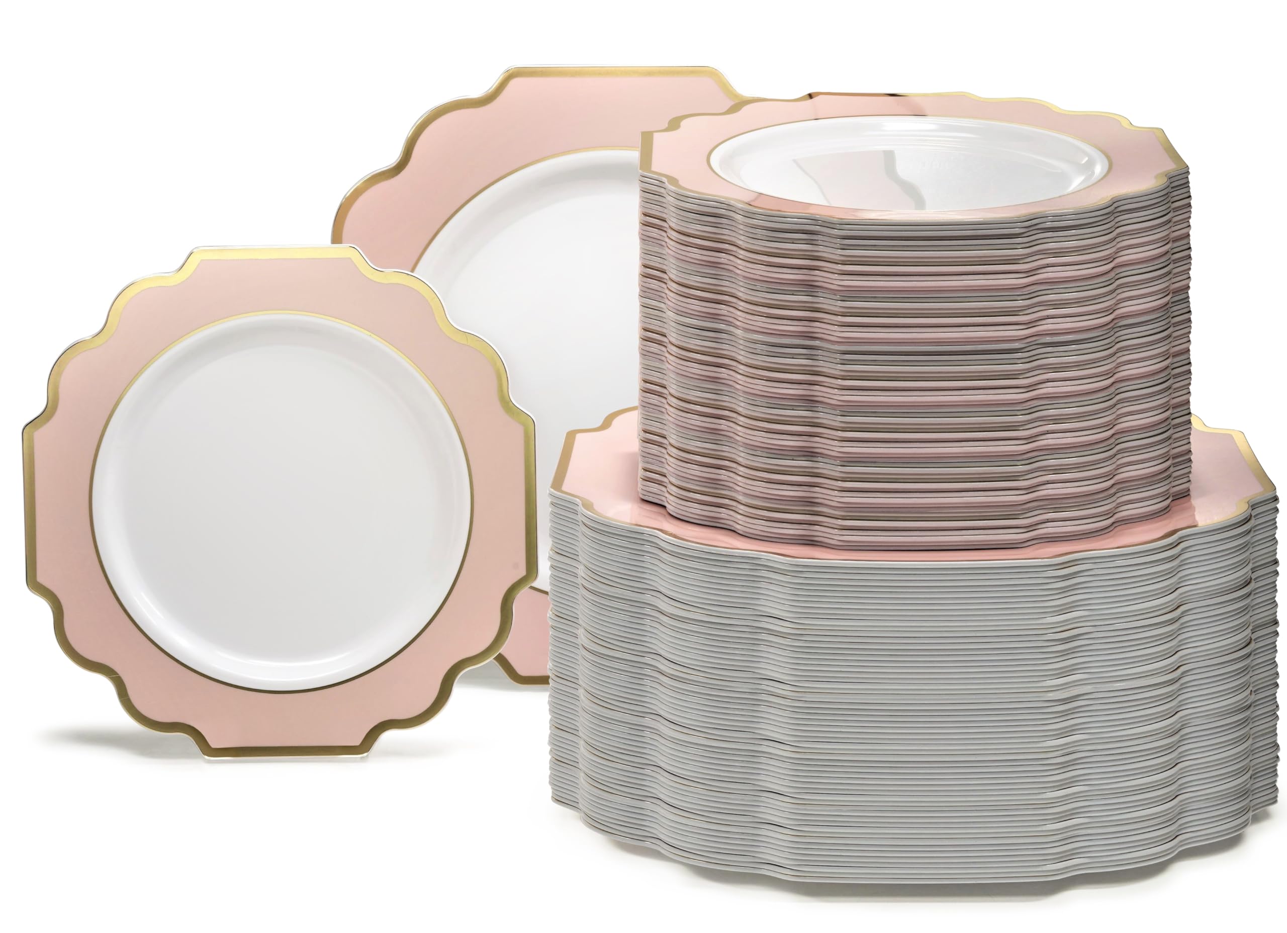 240-Piece Heavyweight Disposable Plastic Plates Set for Weddings & Parties - 120 x 10.5'' Dinner Plates + 120 x 8'' Salad/Dessert Plates in Blush Gold (Elegant Tableware for Bridal Showers, Baby Showers & Special Events)