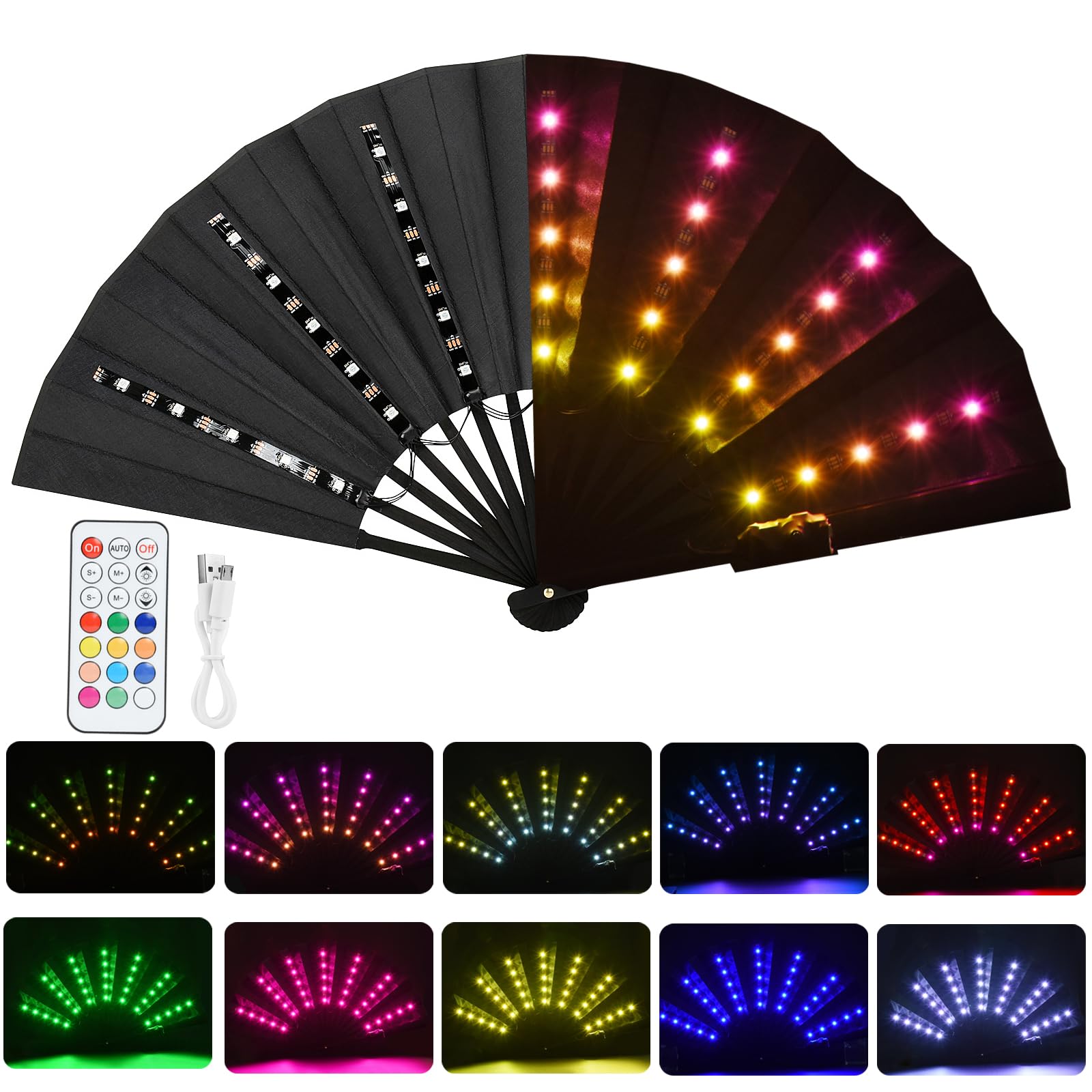 Gexmil LED Hand Fan with Remote Control - Colorful Glowing Folding Fan for Stage Performances, Birthday Parties, Weddings & Nightclubs | Perfect for Dance Events, Festivals & Outdoor Summer Cooling