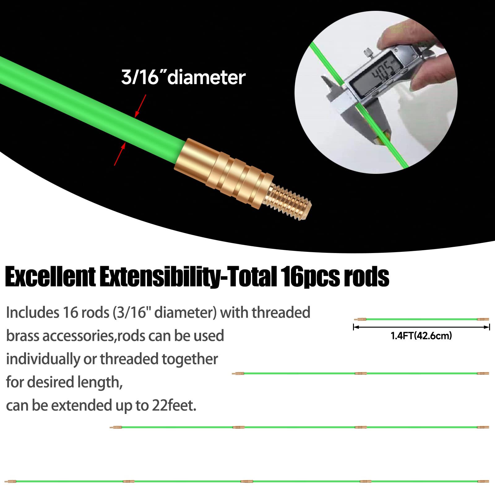 32.2FT Fiberglass Wire Pulling Kit with 6 Attachments - for Electrical Wiring & Fish Tape Installation