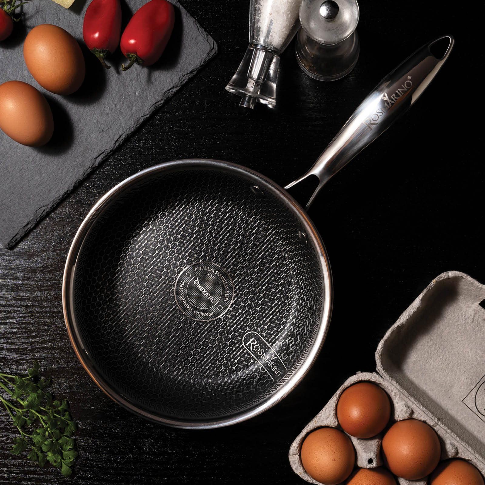 ROSMARINO HexaPro 20cm Stainless Steel Frying Pan - HexaPro Technology for Even Heat Distribution, Scratch Resistant, Oven Safe & Easy to Clean - Perfect for Searing, Frying & Sauteing in Professional & Home Kitchens