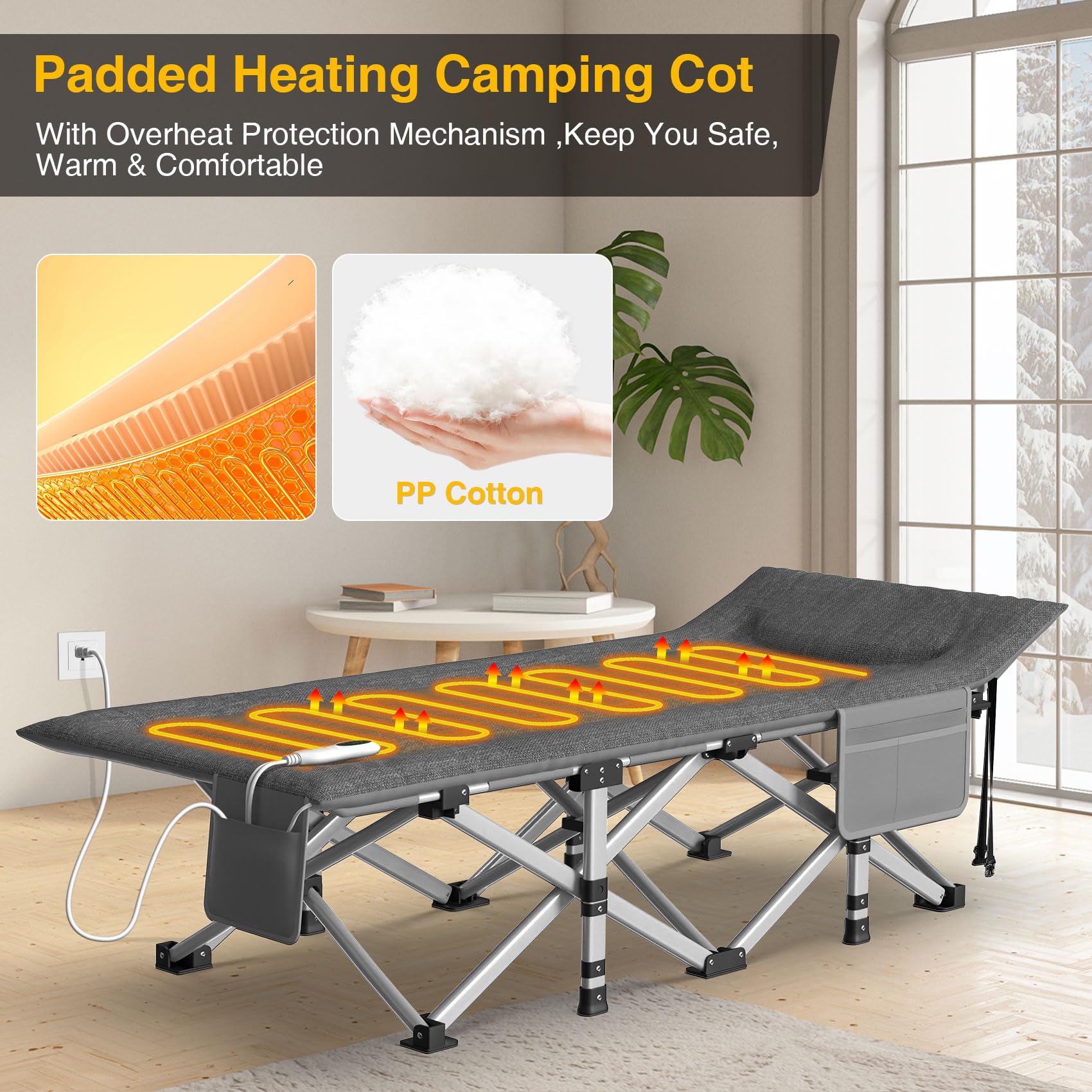 Suteck Heated Folding Camping Cot for Adults - Portable Outdoor Sleeping Bed with Built-in Soft Cotton Pad & Carry Bag - Supports 500 lbs - Perfect for Camping, Home Office Naps, Beach Travel & Emergency Use