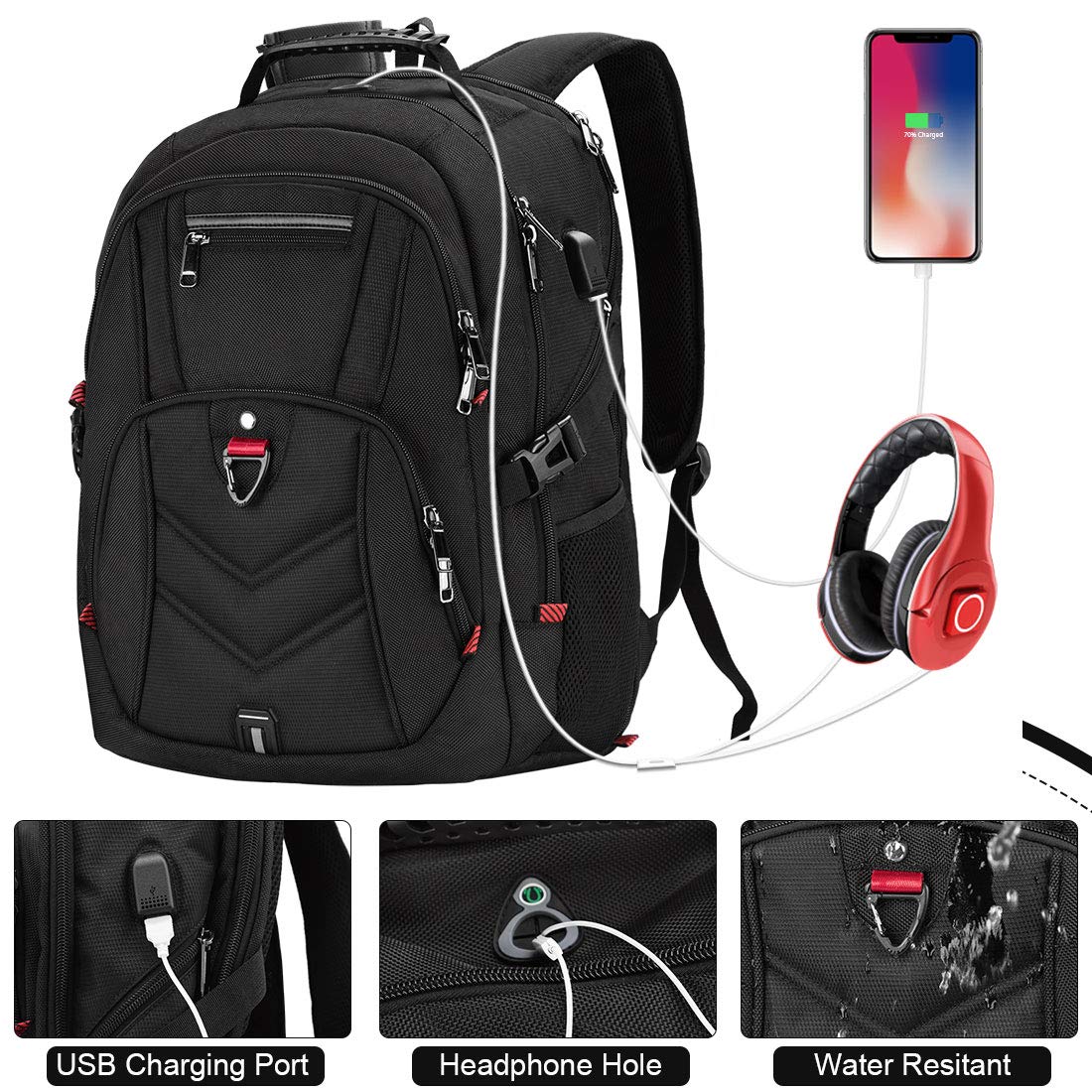 NEWHEY 17.3 Inch Waterproof Laptop Backpack for Men - USB Charging Port, Business Travel & School Backpack, Large Anti-Theft Work Bag for 17-17.3 Inch Notebooks - Perfect for Commuting, Office & College Use