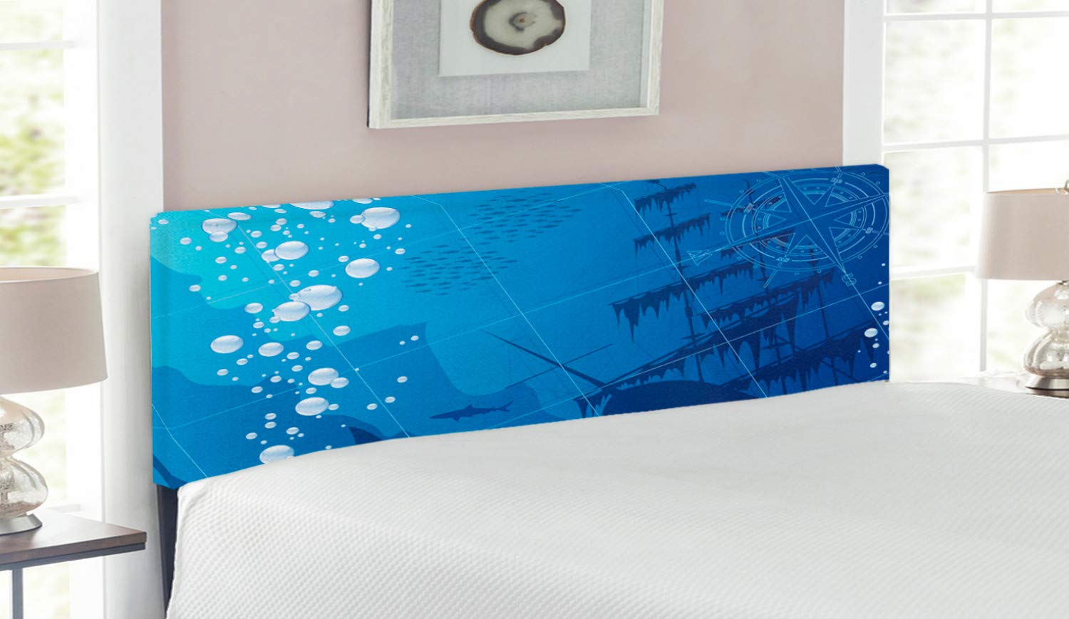 Ambesonne Nautical Queen Size Headboard - Underwater Sharks & Vintage Ship Compass Design with Memory Foam, Blue & White Upholstered Metal Bed Frame - Perfect for Coastal, Beach House or Ocean Theme Bedroom Decor