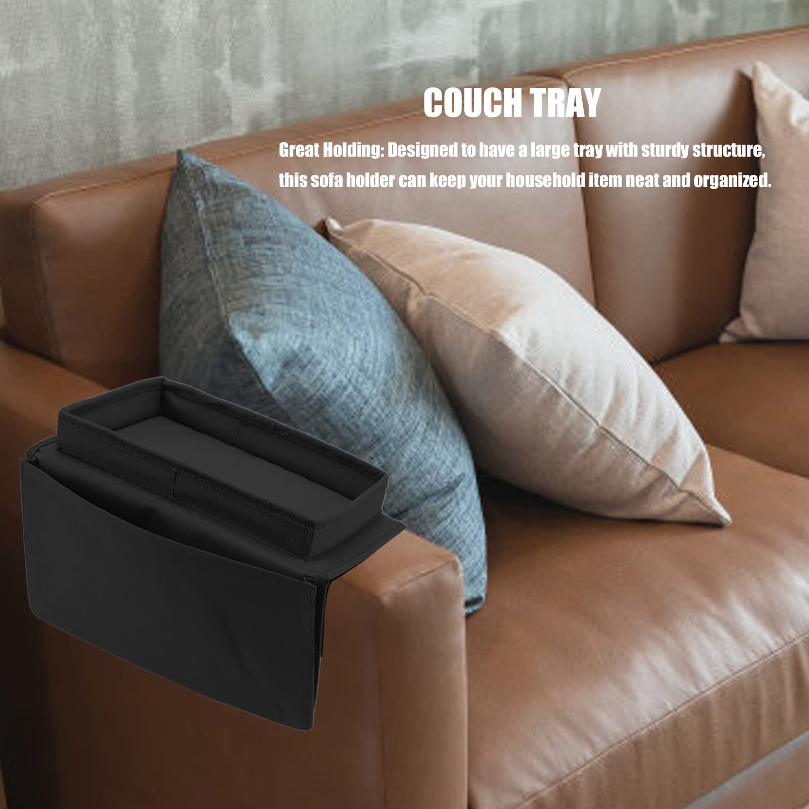 Foldable Sofa Arm Table with Storage - 600D Oxford Cloth Side Pockets - Couch Tray Holder for Snacks, Drinks & Remote Control - Perfect for Living Room, Bedroom & Home Theater (Black)