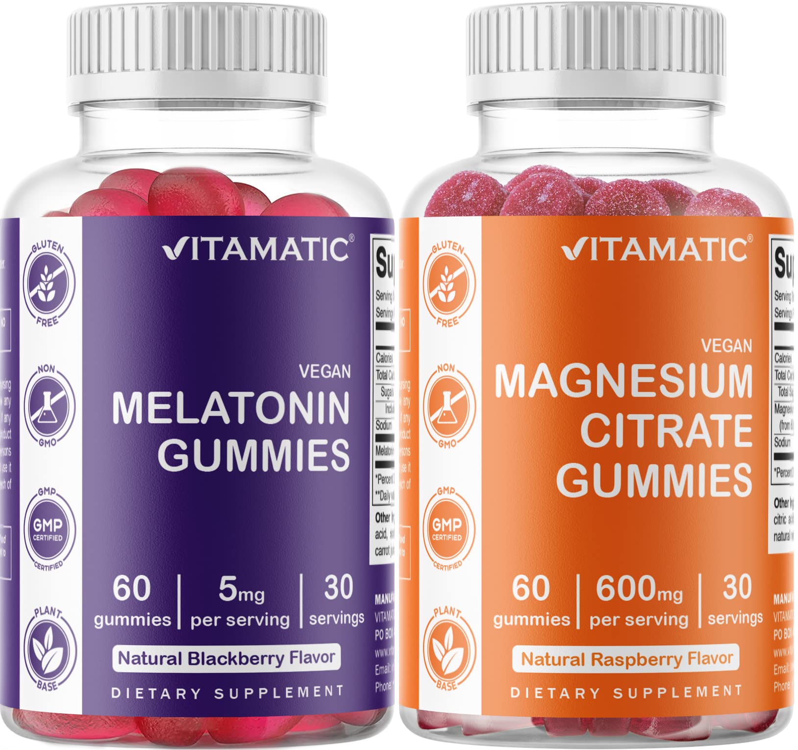Vitamatic Magnesium & Melatonin Gummies Combo - 120 Count (60 Each) for Better Sleep & Relaxation - Supports Stress Relief & Restful Nights
