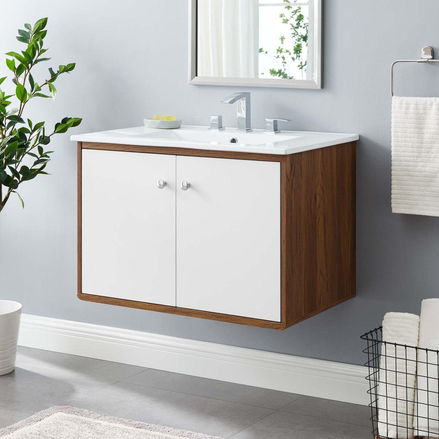 Modway Transmit 30-Inch Wall-Mount Bathroom Vanity in Walnut & White - Modern Space-Saving Storage Solution for Small Bathrooms & Powder Rooms
