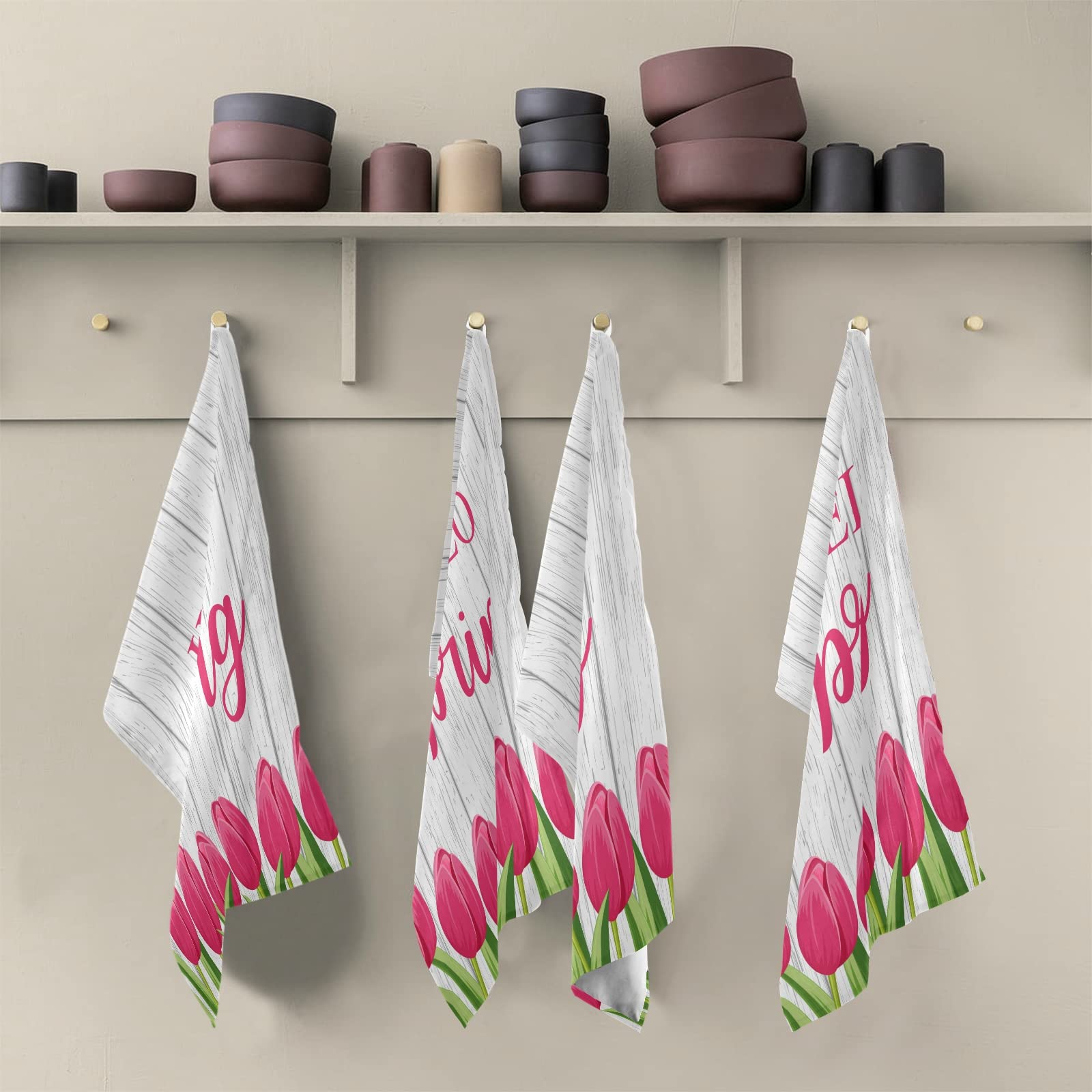 ALAZA Hello Spring Tulip Flower Wooden Handle Kitchen Towels - Set of 6 Super Absorbent Soft Dish Towels (18x28 Inches) for Bar, Tea, Dishes & Home Decor