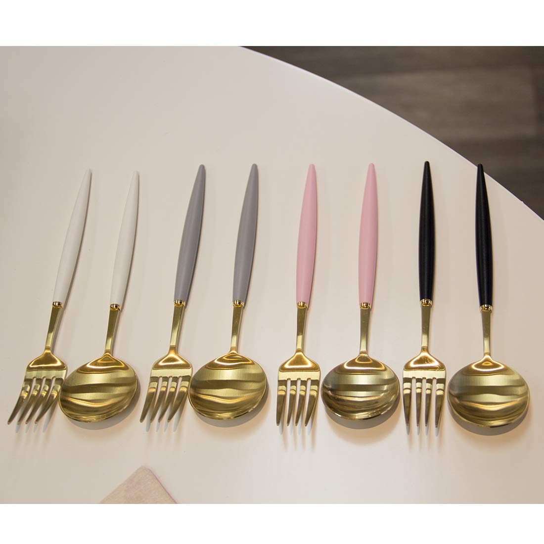 Premium 18/10 Stainless Steel Flatware Set - 4-Piece Bogen Eiffel Dinnerware Cutlery with 2 Soup Spoons & 2 Dessert Forks (Gold/Grey Matte Polycarbonate) - Elegant Tableware for Fine Dining, Wedding Gifts & Home Entertaining
