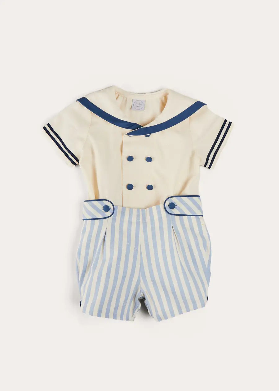 Blue Regency Stripe Mariner Collar Two-Piece Set with Bloomers for Baby Girls 6 Months to 3 Years | Vintage-Inspired Outfit for Photoshoots, Parties & Special Occasions