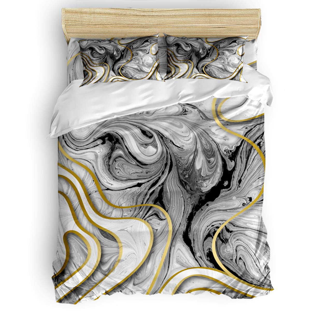 Yogaly 4-Piece Queen Size Bedding Set - Marble Texture White Lines Printed Bed Sheets, Duvet Cover, Flat Sheet & Pillowcases for Adults, Teens, Kids & Baby - Perfect for Master Bedroom, Guest Room & Nursery Decor