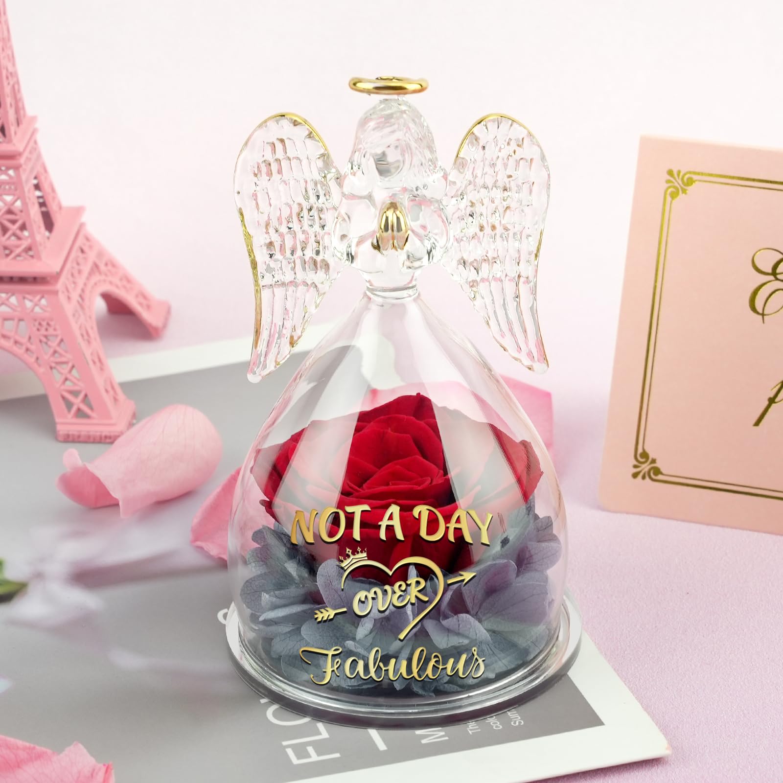 Yamonic Preserved Real Red Rose Glass Angel Figurine - Unique Gift for Women, Mom, Sister, Wife, Best Friend, Coworker or Teacher - Perfect for Birthdays, Anniversaries, Valentine's Day & Home Decor