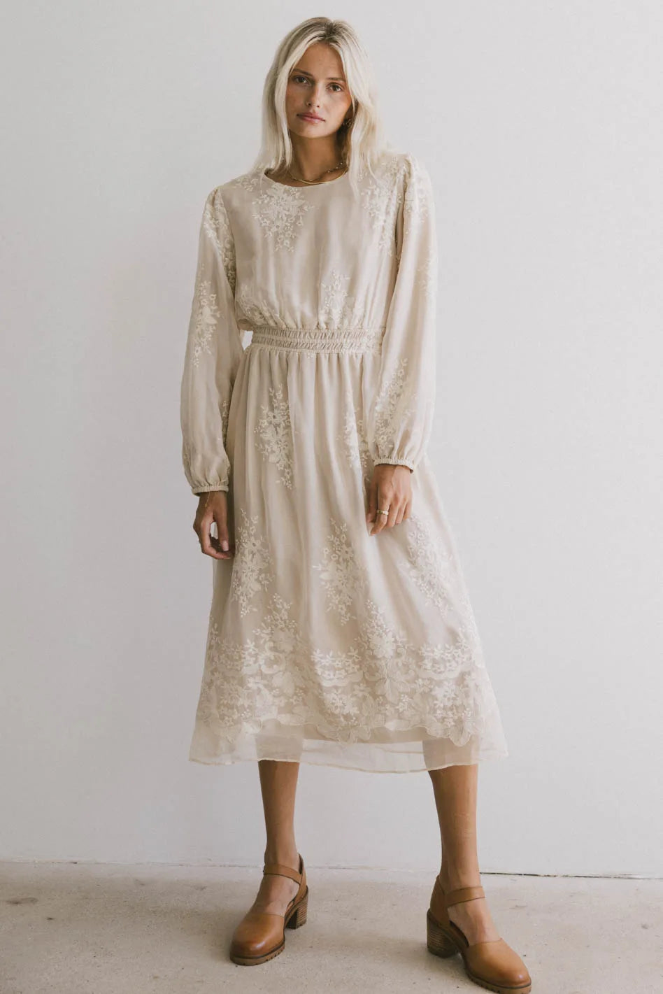 Andee Embroidered Midi Dress in Champagne - Floral Lace Summer Wedding Guest Dress for Women, Perfect for Garden Parties & Formal Events - FINAL SALE