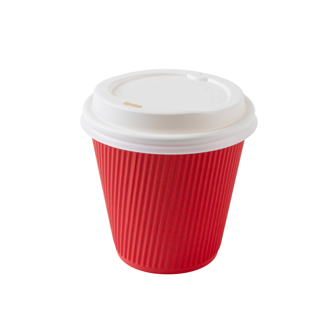 8 oz Red Ripple Wall Paper Coffee Cups with White Lids - 3.5