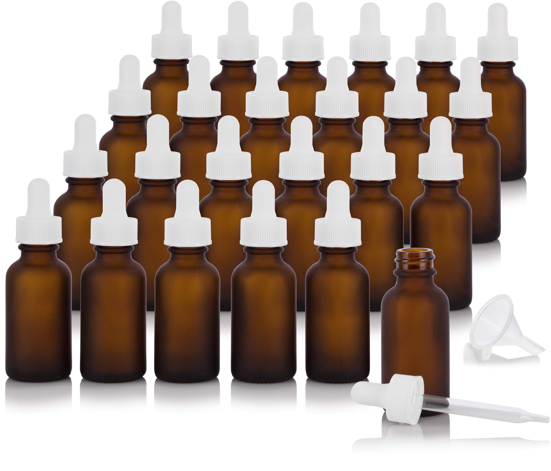 JUVITUS 1 oz (30 ml) Frosted Amber Glass Boston Round Bottle with White Dropper - 24 Pack + Bonus Funnel for Essential Oils, DIY Beauty, and Travel-Sized Liquids