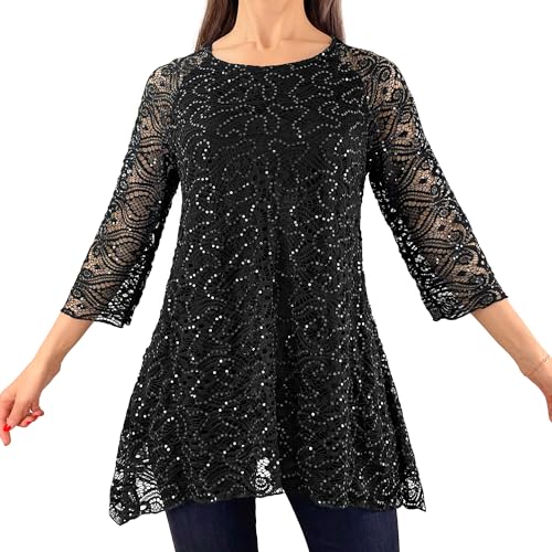 3/4 Sleeve - Classic Black Floral Glitter Sequins Lace