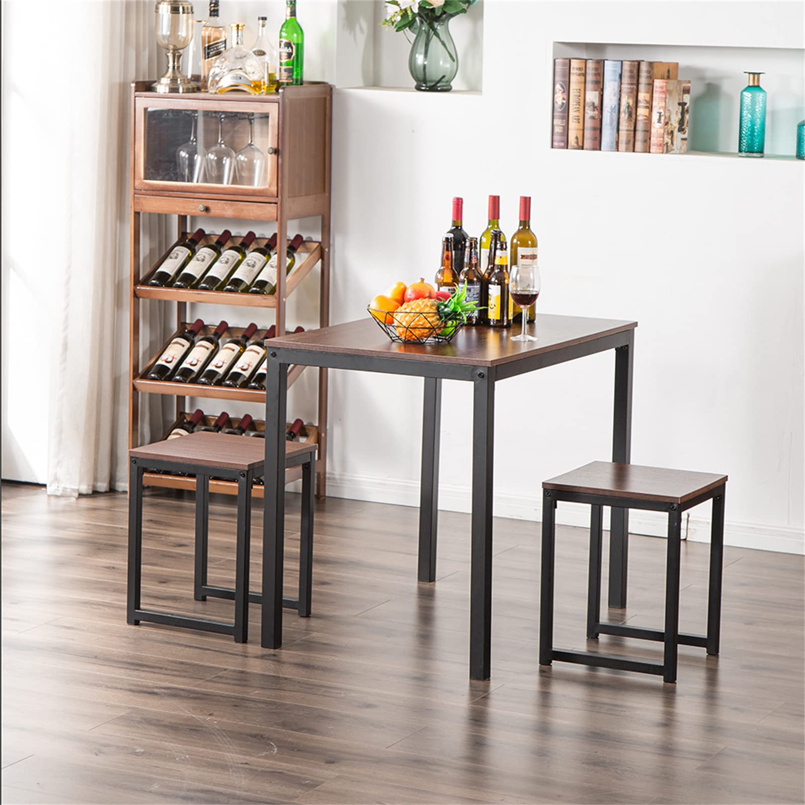 Compact Round Kitchen Table Set for 2 - 3 Piece Small Space Dining Set with 2 Chairs, Breakfast Nook Table & Wine Rack - Perfect for Apartments, Tiny Homes & Cozy Breakfast Nooks (Walnut)