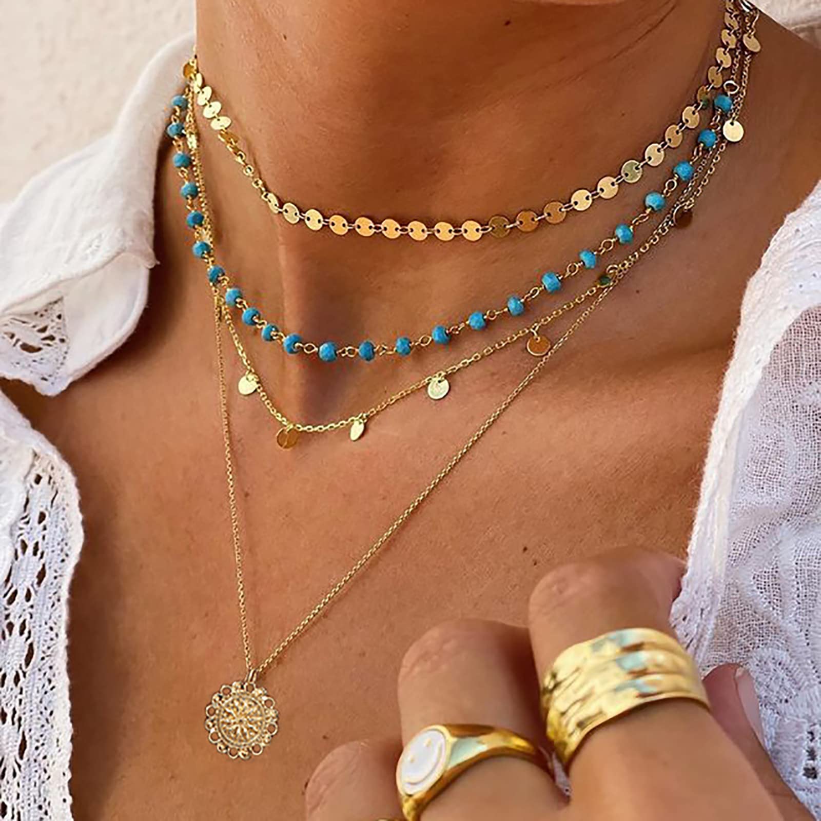 Boho Necklace for Women - Layered Turquoise Y-Shape Long Necklace - Western Style Jewelry for Country Concerts, Beach Outfits & Gift Giving