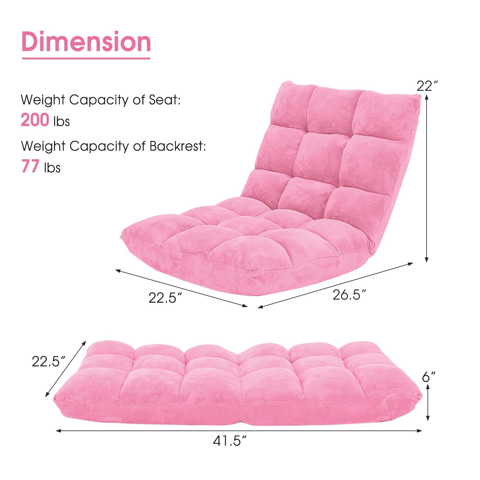 Casart Adjustable Floor Chair Lounger - 14-Position Folding Gaming Sofa with Steel Frame & Sponge Padding - Pink Chaise Lounge Recliner for Bedroom, Living Room, Gaming & Relaxation
