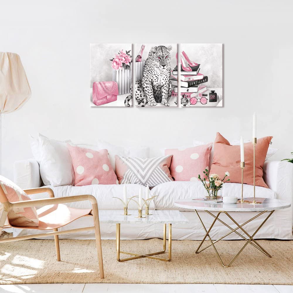 Pink Leopard Cheetah Framed Canvas Wall Art - 3 Piece Set (16x20 Inches) Ready to Hang - Glam Fashion Bedroom Decor for Women - Perfect for Home, Office & Gift Giving