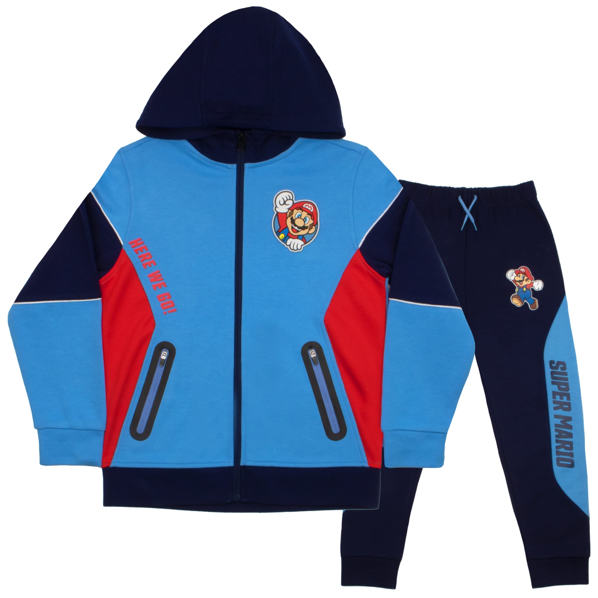 Nintendo Super Mario Boys Zip-Up Hoodie & Joggers 2-Pack Set - Mario Here We Go! Hooded Sweatshirt & Active Sweatpants for Kids - Perfect for Gaming, School & Outdoor Activities