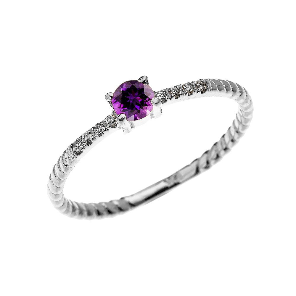 10K White Gold Dainty Diamond & Solitaire Amethyst Rope Design Stackable Ring for Women | Elegant Proposal, Engagement & Wedding Jewelry Gift | Perfect for Anniversary, Valentine's Day & Special Occasions