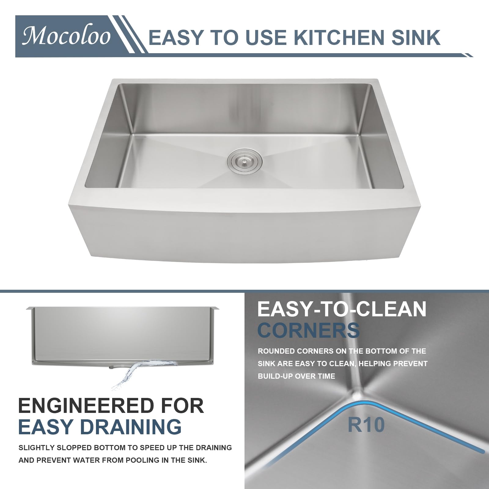 36 Inch Farmhouse Apron Front Kitchen Sink - 16 Gauge Stainless Steel Deep Single Bowl Handmade Farm Sink by Mocoloo - Perfect for Rustic Kitchens, Country Homes & Modern Farmhouse Decor