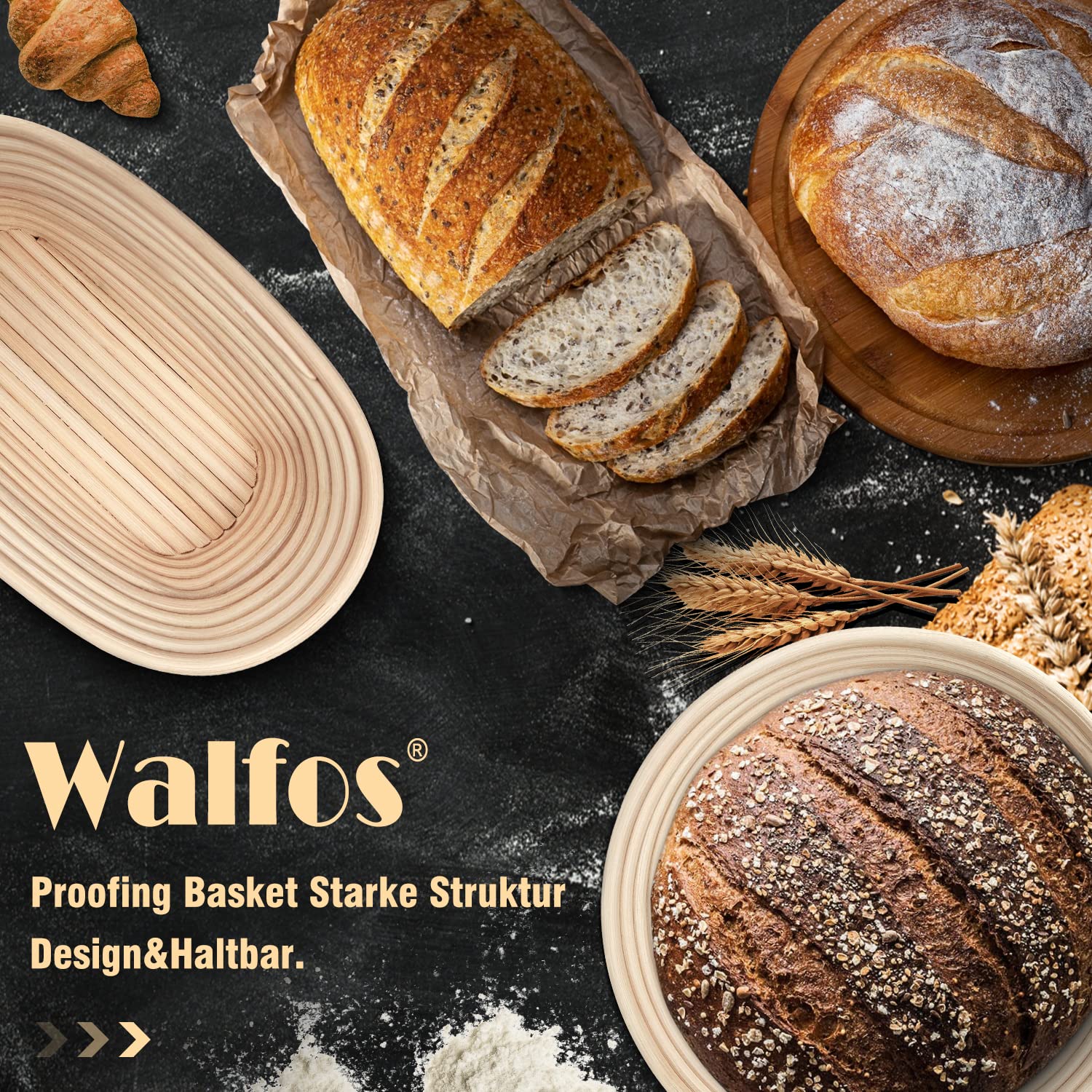 Walfos 23cm Round Banneton Proofing Basket Set - 100% Natural Rattan Sourdough Bread Basket with Lame, Dough Scraper, Liner & Accessories for Artisan Bread Baking | Perfect for Home Bakers & Professional Bakeries