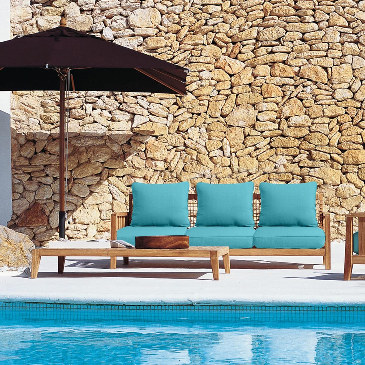 **Premium Olefin Outdoor Deep Seat Cushion Set of 2 – Water-Resistant Patio Chair Cushions & Pillow with Straps, Teal, 23