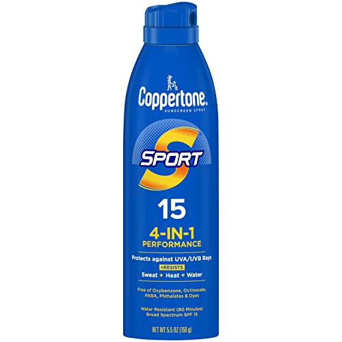 Coppertone SPORT Sunscreen Spray SPF 15 - Water Resistant, Broad Spectrum UVA/UVB Protection - 5.5 Oz Continuous Spray for Outdoor Activities, Swimming, Hiking & Beach Days