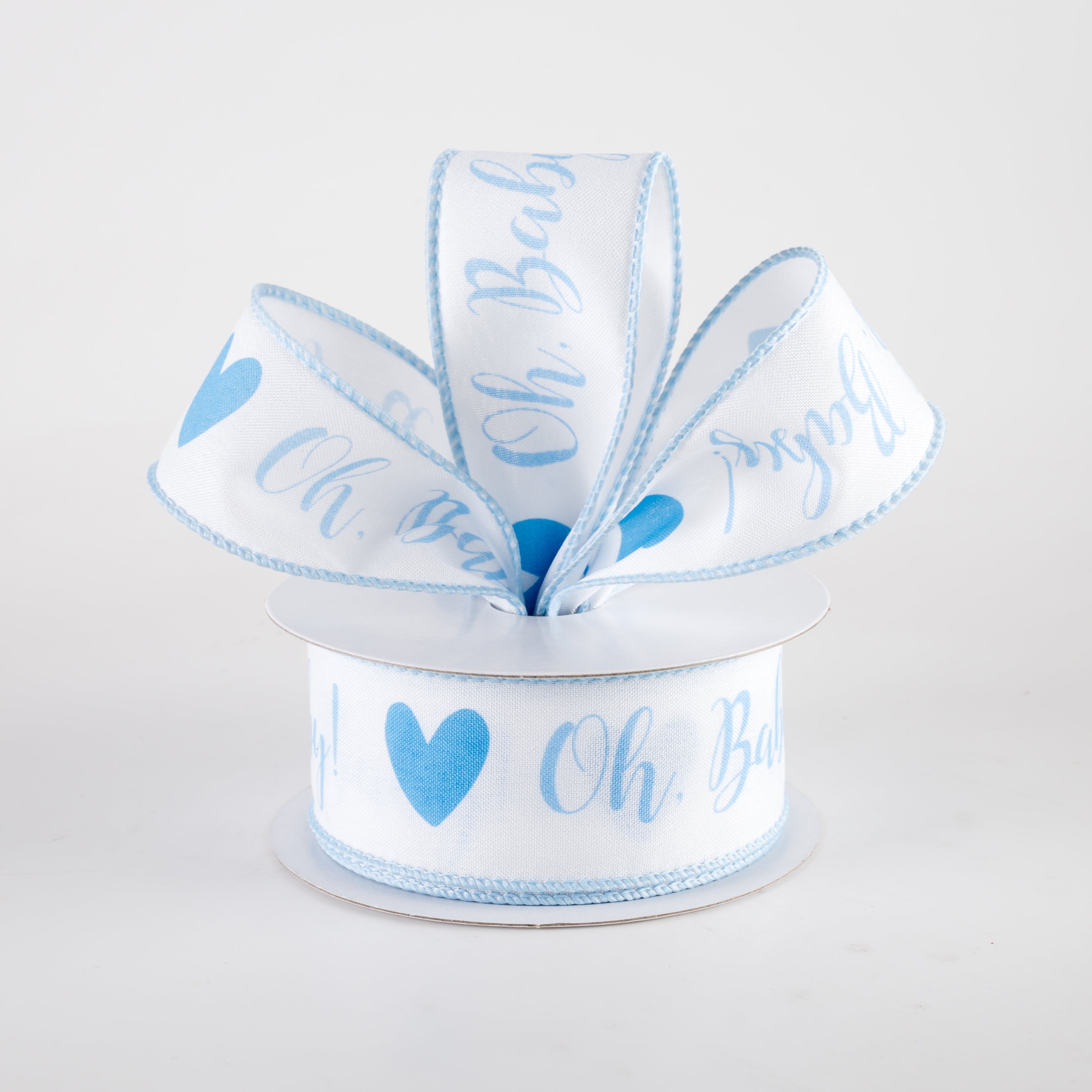 1.5 Inch Linen Oh Baby Heart Ribbon - White & Light Blue Craft Ribbon (10 Yards) for Baby Shower Decorations, Gift Wrapping & DIY Crafts