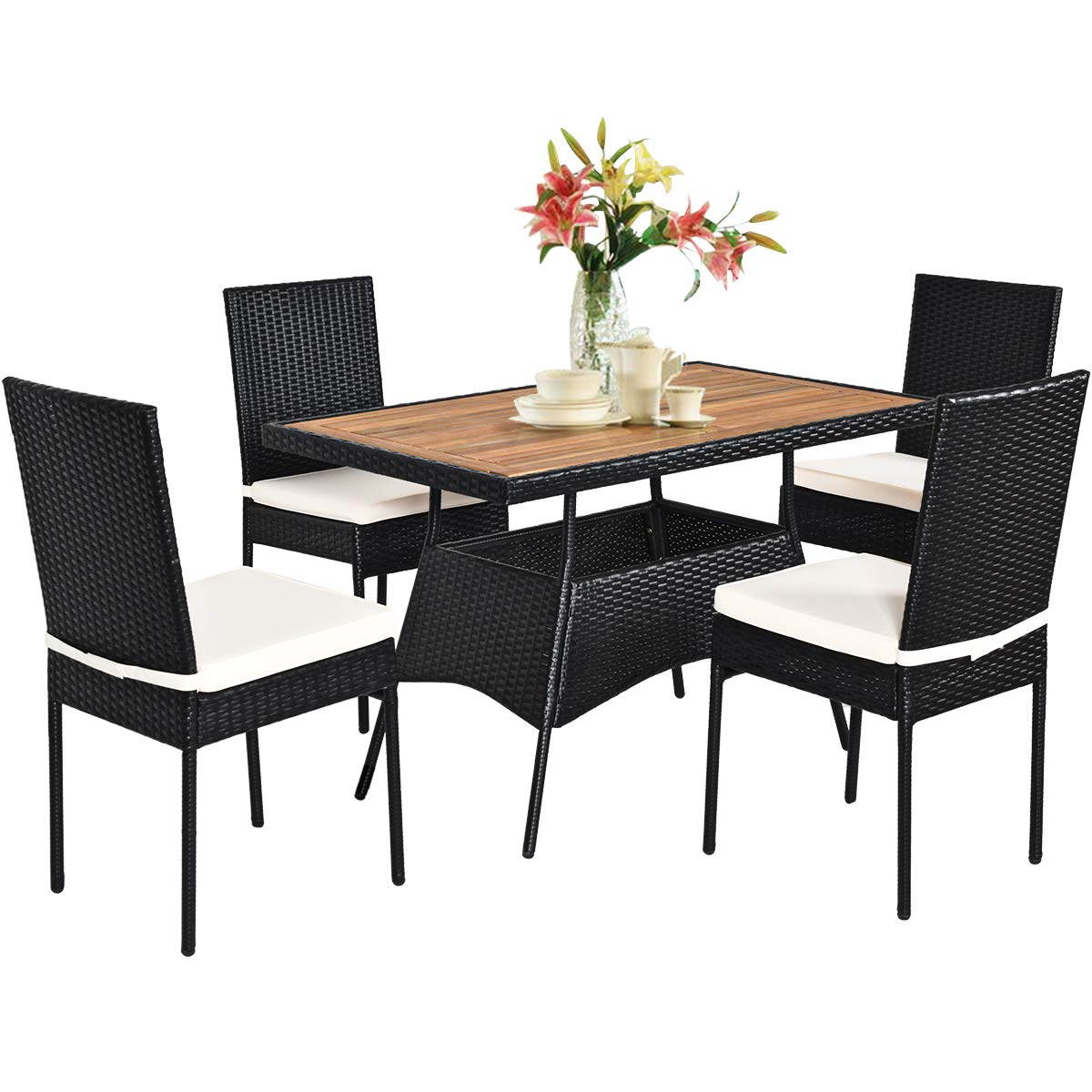 Tangkula 5-Piece Wicker Patio Dining Set - Outdoor Rattan Table & Chairs with Cushions, Acacia Wood Furniture for Garden, Balcony, Poolside & Backyard | Perfect for Outdoor Entertaining & Relaxation