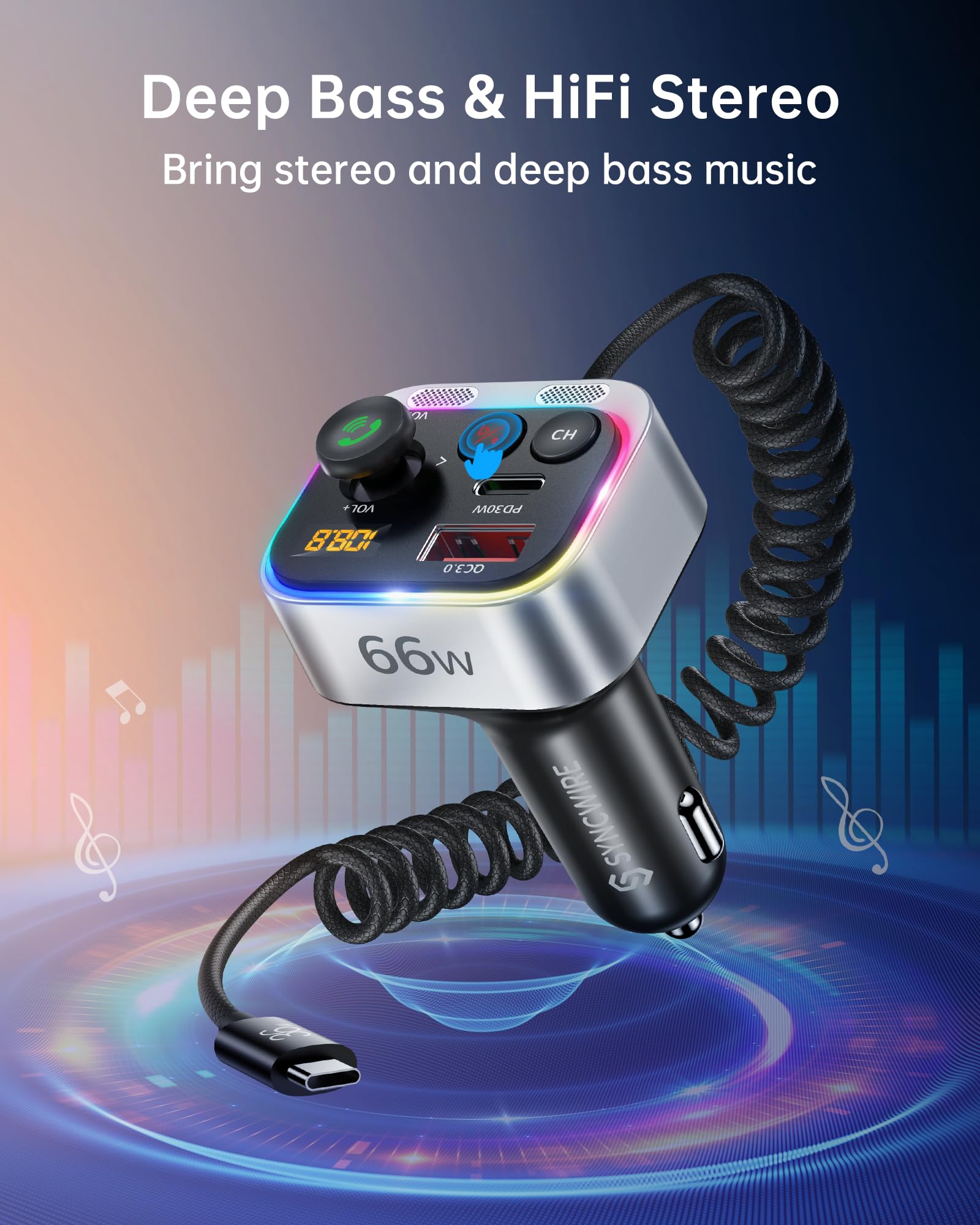 Syncwire Bluetooth 5.4 FM Transmitter Car Adapter - 66W PD & QC 3.0 Fast Charging with USB-C Cable - Wireless Radio Adapter with LED Light Control, HiFi Bass, Hands-Free Calling & Noise-Canceling Mics - Perfect for Road Trips, Commuting & In-Car Entertainment