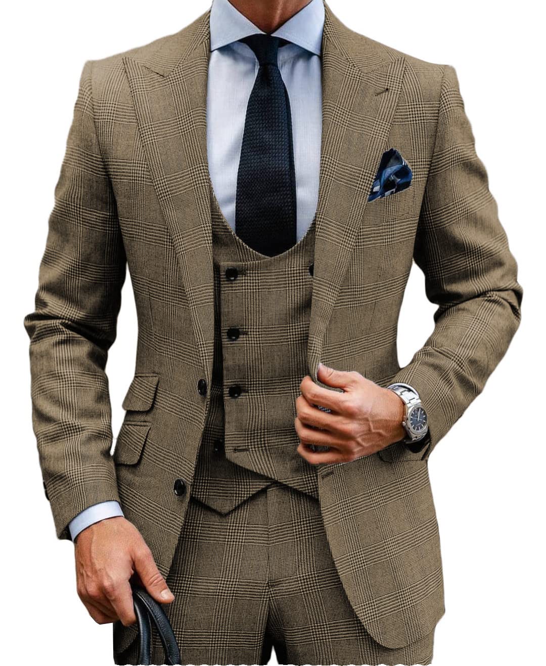 MoranX Men's 3-Piece Wool Plaid Suit - Double Breasted Business Blazer, Vest & Pants Set for Wedding, Office & Formal Events | Regular Fit Tuxedo
