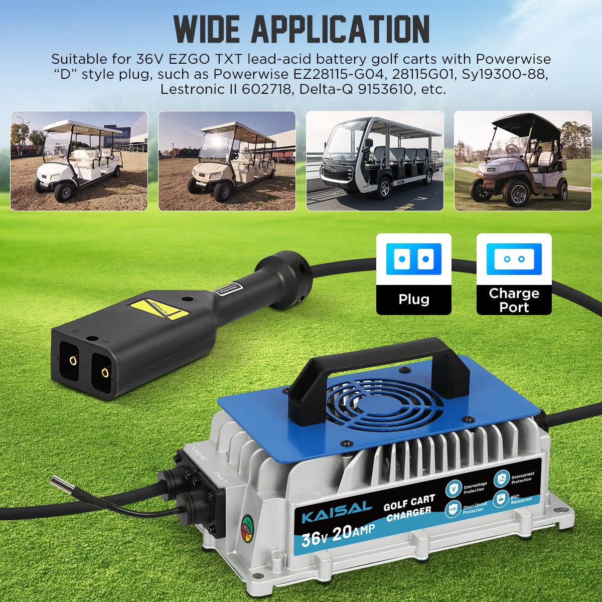 36V 20A EZGO Golf Cart Battery Charger - 1250W IP67 Waterproof with 16FT Cable - Fast 4-6 Hour Charge for EZGO TXT D-Plug & Lead-Acid Batteries - Perfect for Golf Courses, Resorts & Private Golf Cart Maintenance