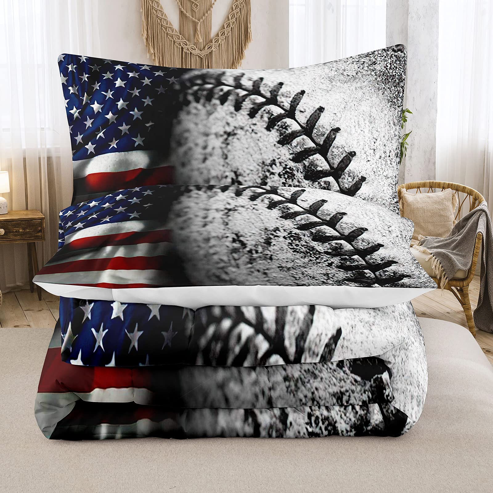 **Bodhi Boys Sports Bedding Set Queen - Baseball & American Flag Comforter Set with Pillowcases, Grey - Perfect for Teen Boys' Bedroom & Dorm Room Decor**