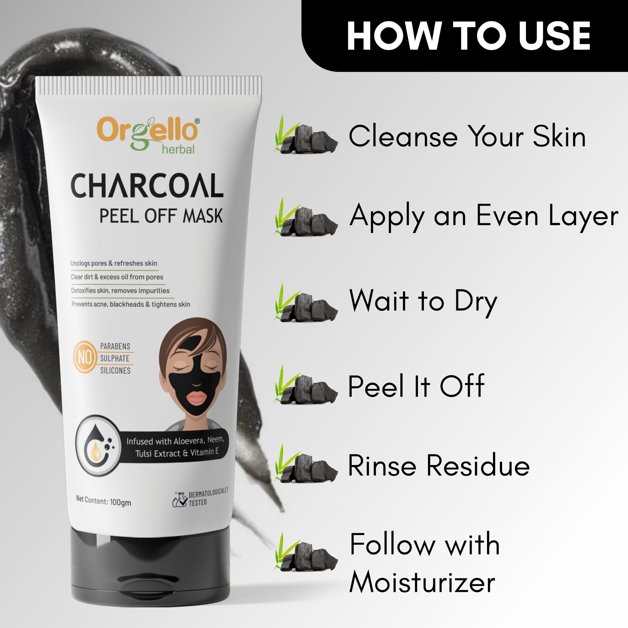 Orgello Charcoal Peel Off Face Mask for Blackhead Removal & Deep Pore Cleansing - Sulfate & Paraben Free - Suitable for Men, Women & Teens with Dry, Normal or Oily Skin | Perfect for Spa Days, Self-Care Routines & Acne Treatment