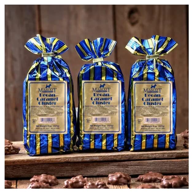 **Premium Mascot Pecan Milk Chocolate Caramel Clusters – Individually Wrapped Gourmet Candy (3 x 8 oz Foil Bags) – Handcrafted Since 1955 – Perfect for Gifts, Parties & Snacking**