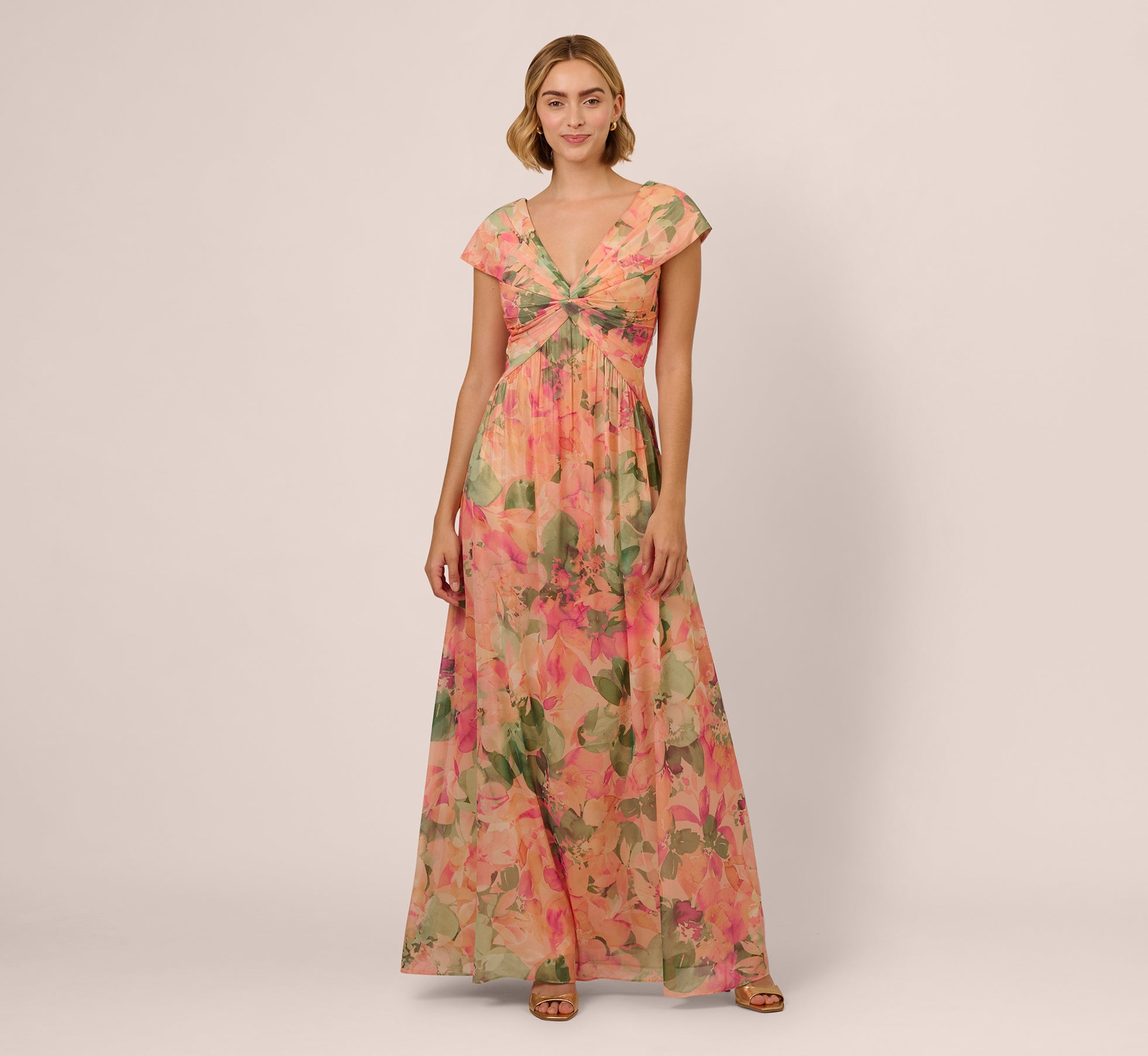 Elegant Printed Front Twist Gown in Blush Multi - Perfect for Weddings, Parties & Special Occasions