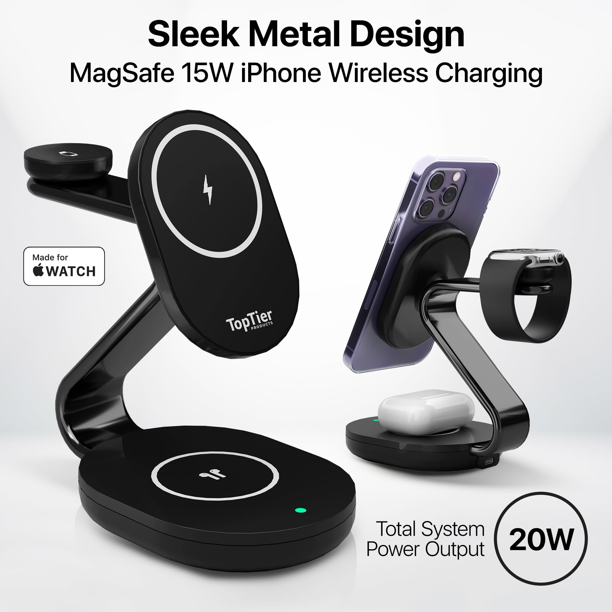 TopTier 3-in-1 MagSafe Charging Station - 20W Fast Wireless Charger with 15W iPhone Max Charging | MFI Certified | Sleek Metal Design (Black) - Perfect for Home, Office & Travel Charging Solutions