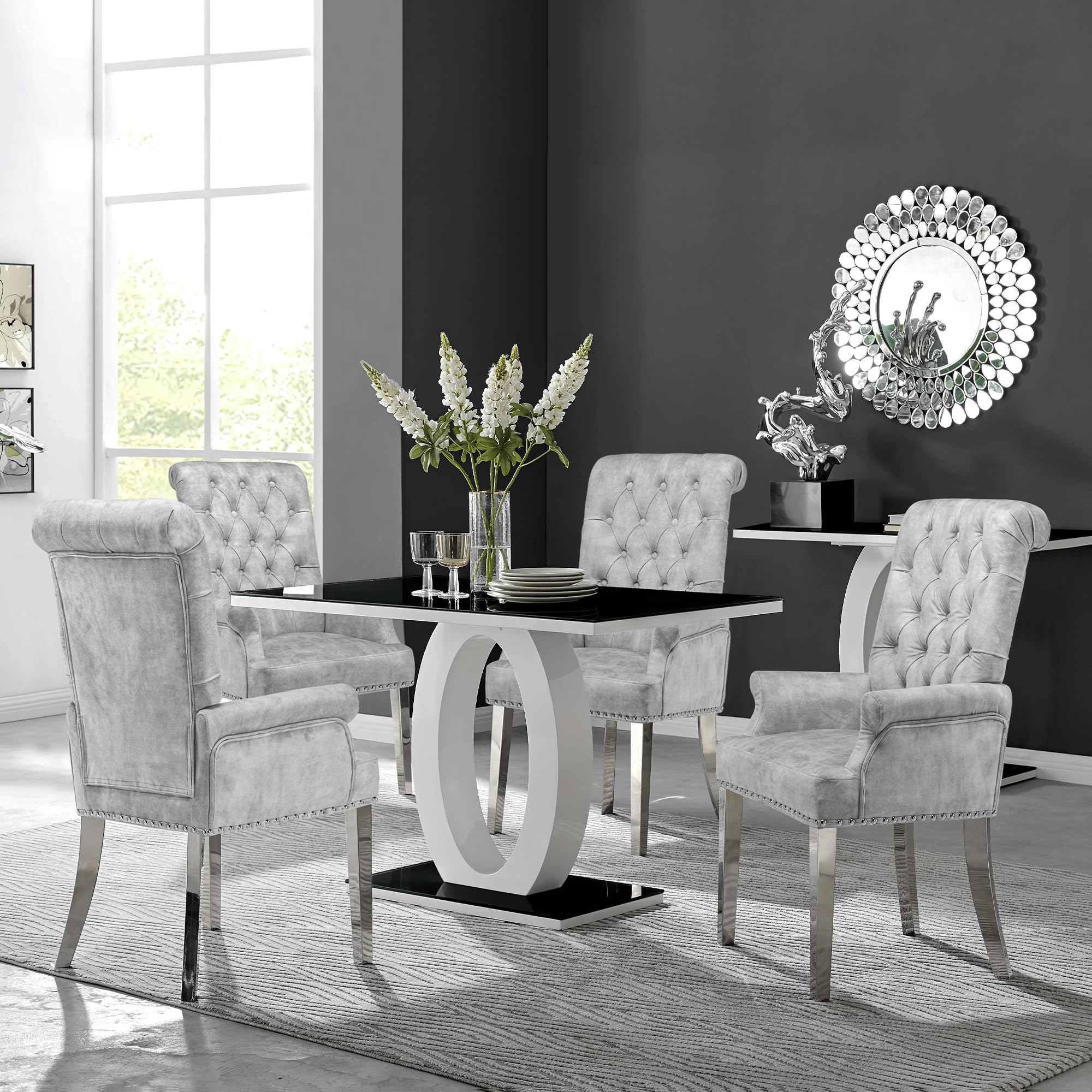 Luxury Velvet Dining Chairs Set of 2 - Modern Upholstered Tufted Armrest Chairs with Stainless Steel Legs - Elegant Grey Accent Chairs for Kitchen, Dining Room, Living Room & Bedroom - Perfect for Home Decor, Dinner Parties & Cozy Reading Nooks