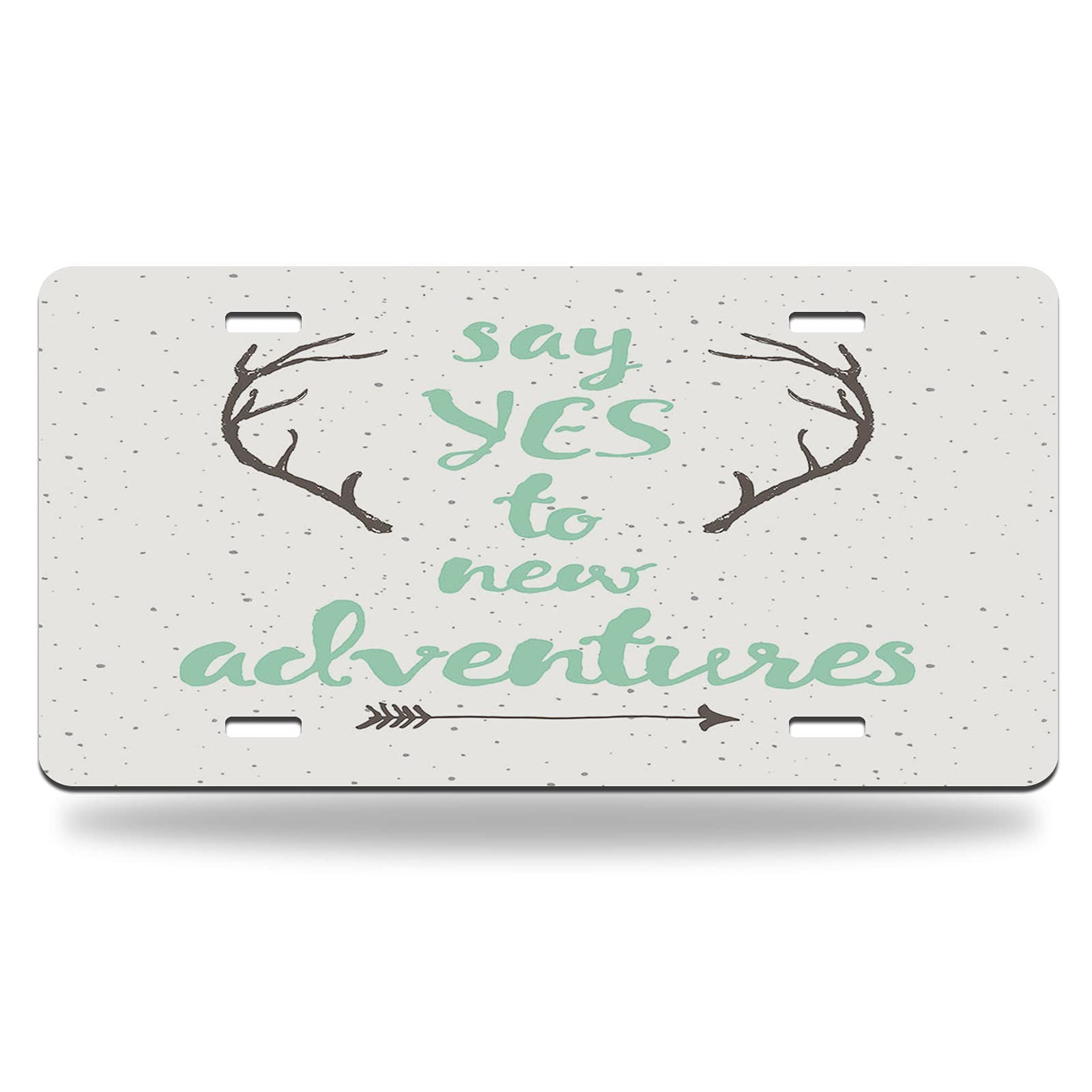 Hand-Painted Antler & Arrow Design Metal License Plate - 12x6 Inch Vanity Car Tag with Inspirational 'Say Yes to New Adventures' Quote - Perfect for Outdoor Enthusiasts & Road Trip Lovers