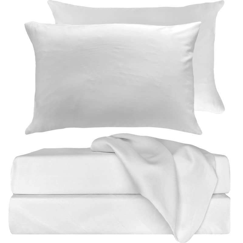 BedVoyage 100% Organic Bamboo Viscose Cooling Bed Sheet Set - 2 Pillowcases, 1 Fitted Sheet, 1 Flat Sheet with Linen Bag - Ultra Soft White Bedding for Hot Sleepers & Summer Nights